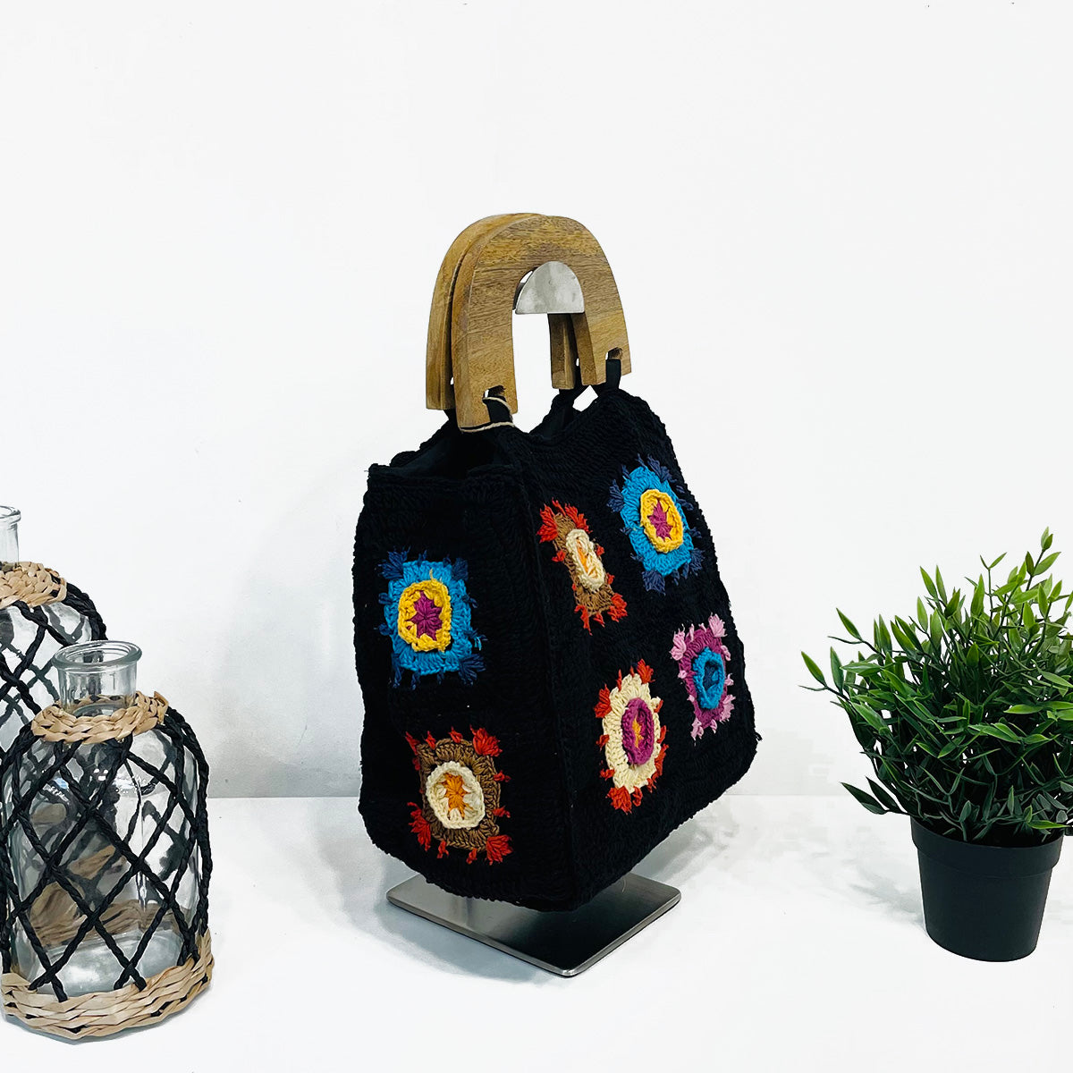 Laya Black Cotton Crochet Small Top Handle Mini Bags