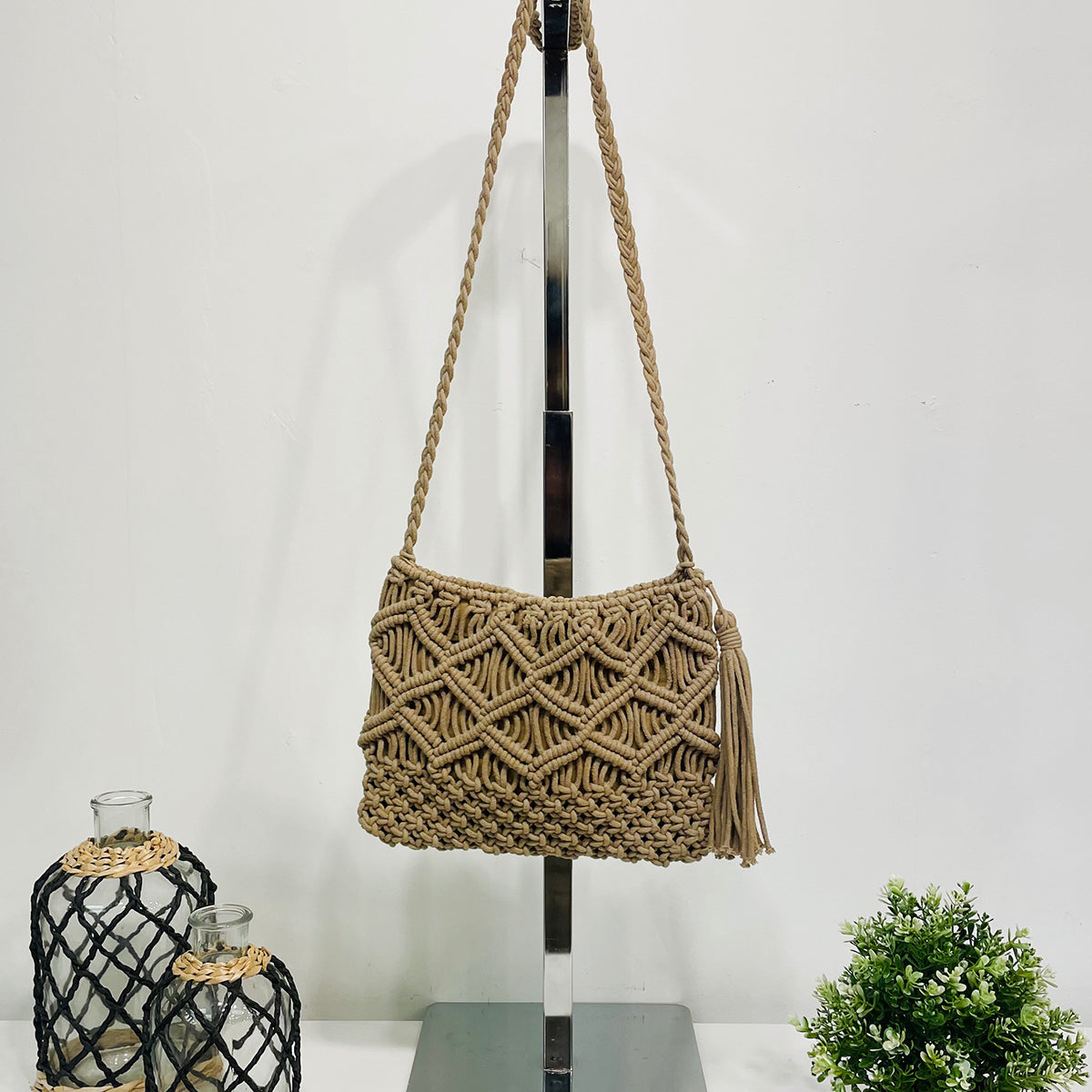 Adira Woven Cotton Crossbody Macrame Bags -Tan