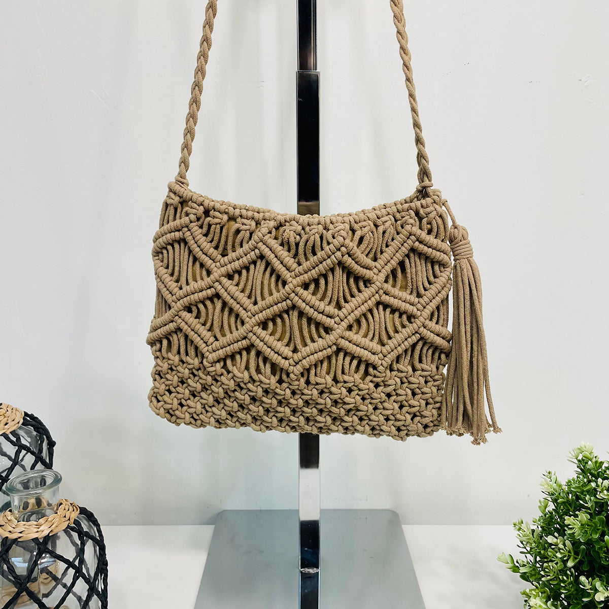 Adira Woven Cotton Crossbody Macrame Bags -Tan