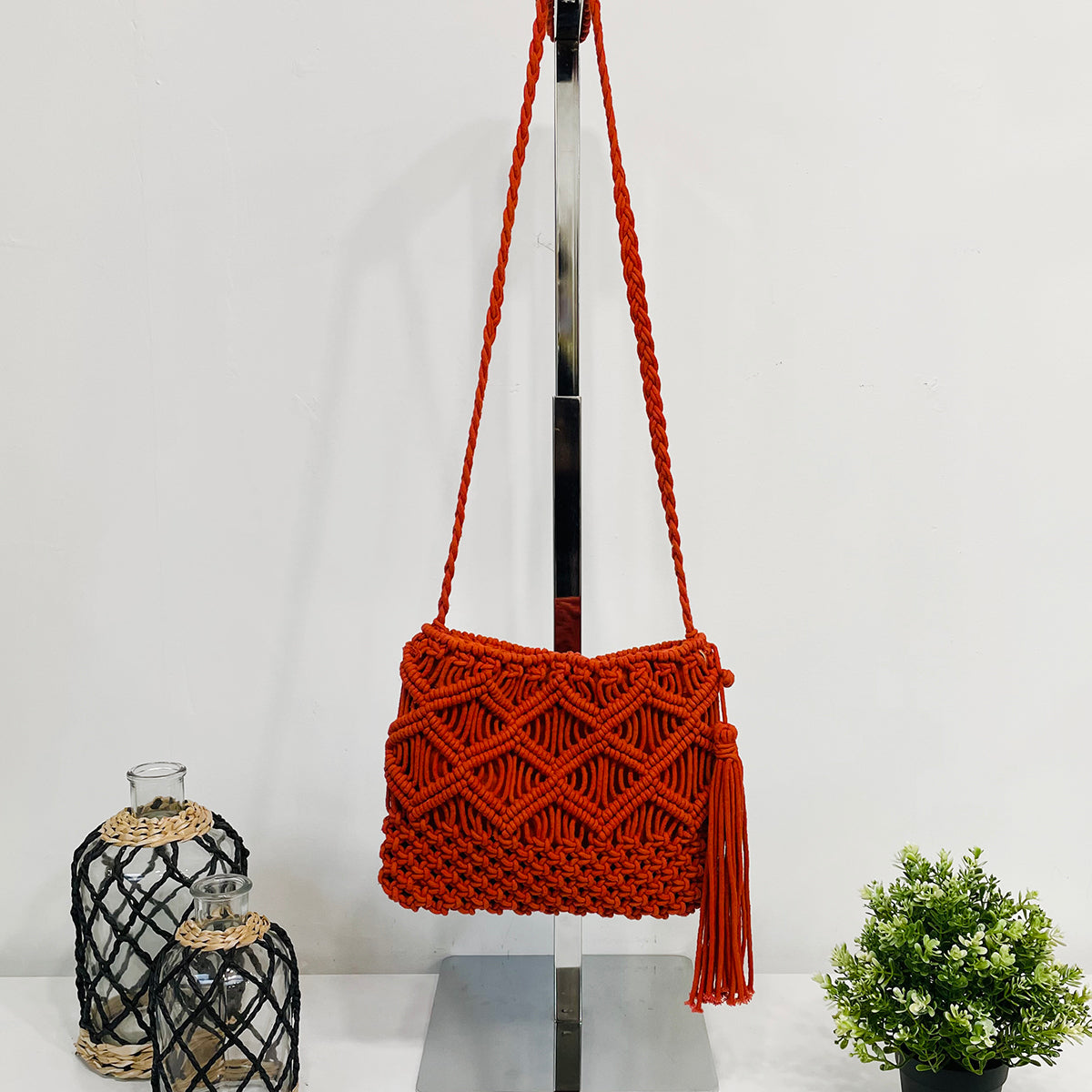 Adira Woven Cotton Crossbody Macrame Bags - Rust