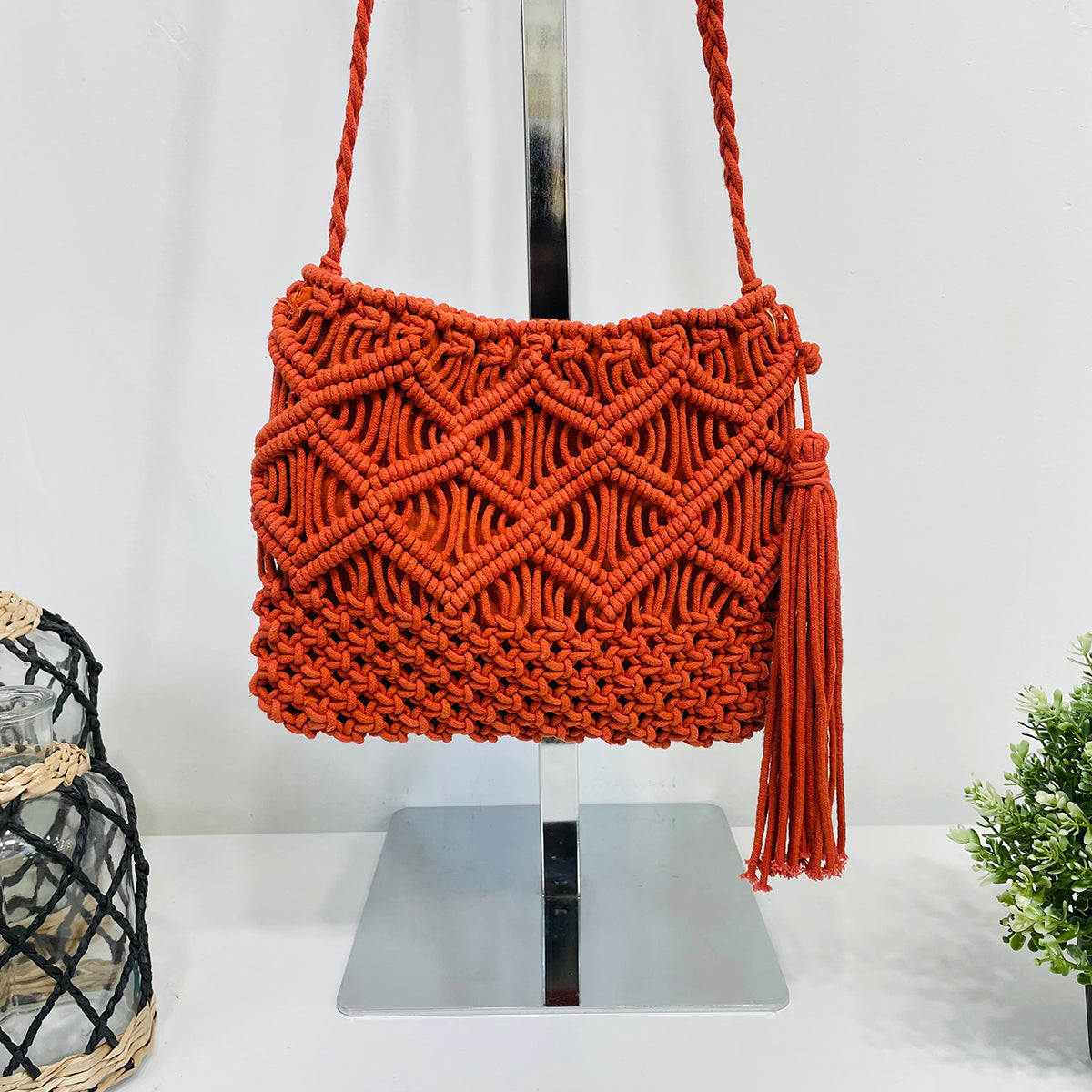 Adira Woven Cotton Crossbody Macrame Bags - Rust