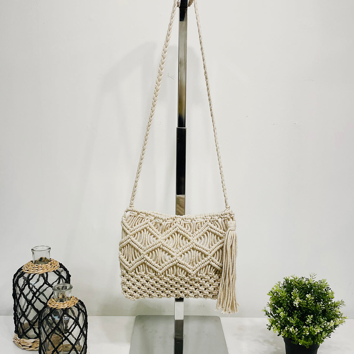 Adira Woven Cotton Crossbody Macrame Bags - Ivory