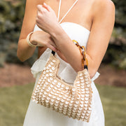 Mia Cotton Purse With Sequins and Chain Handle - Beige