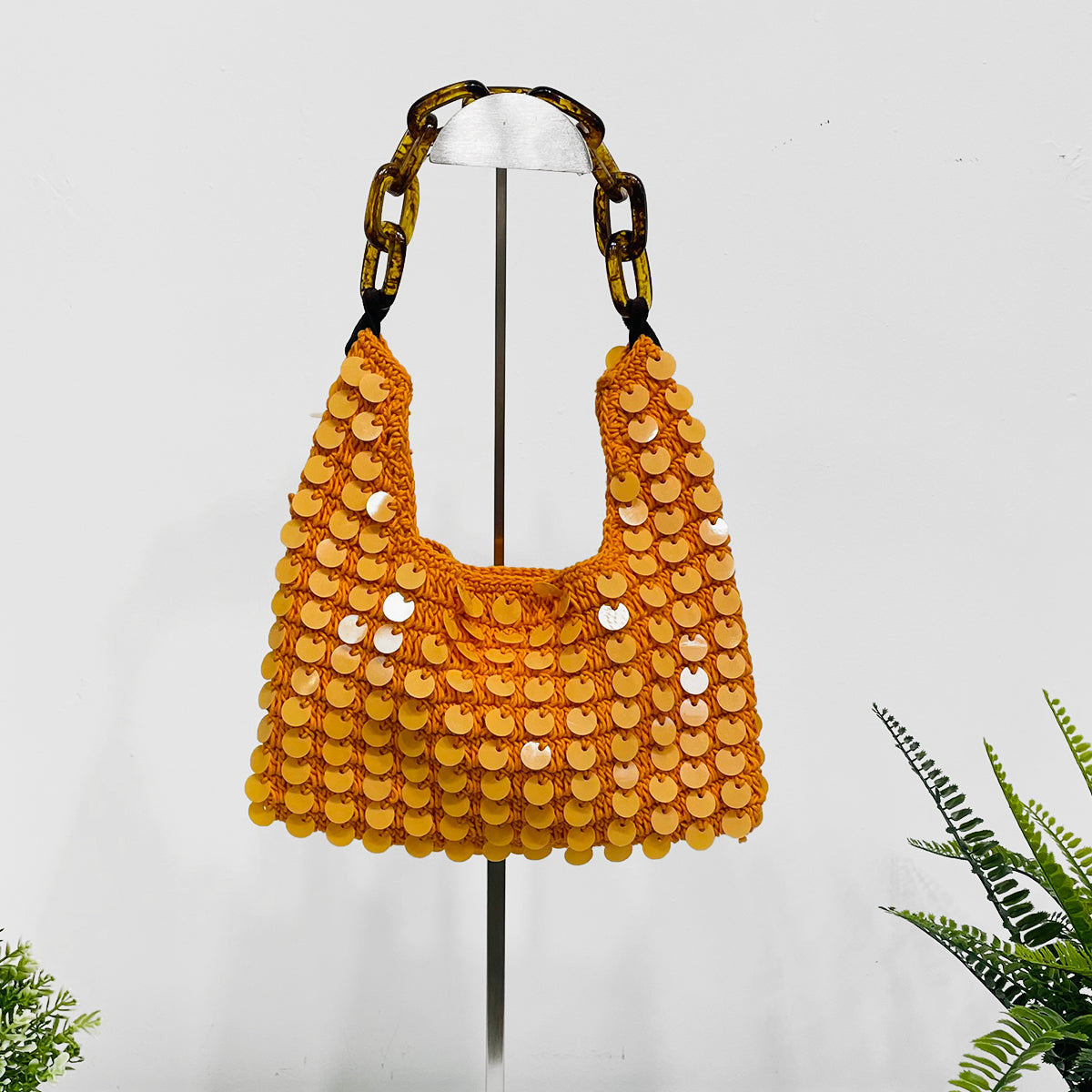 Mia Cotton Purse With Sequins and Chain Handle - Orange