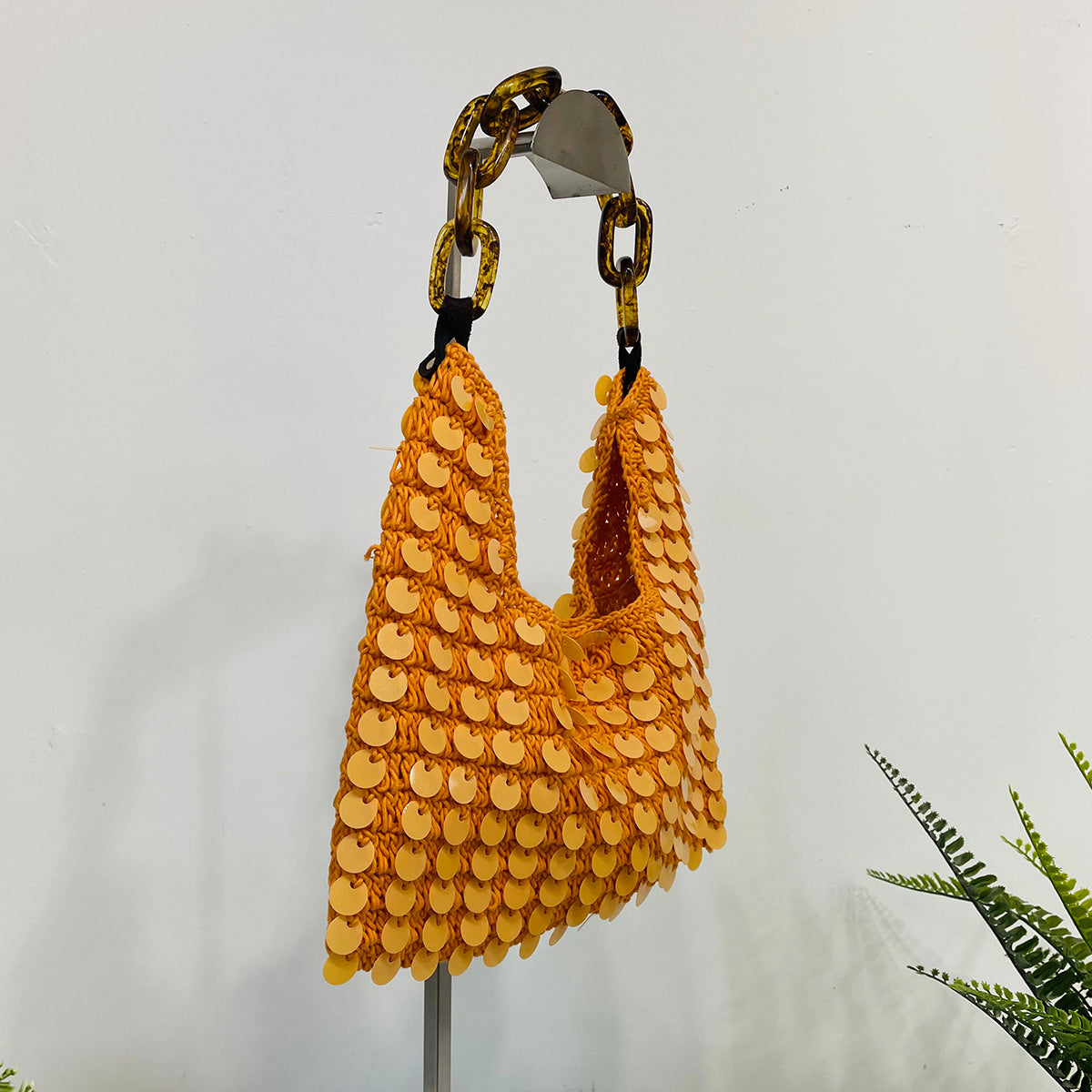 Mia Cotton Purse With Sequins and Chain Handle - Orange
