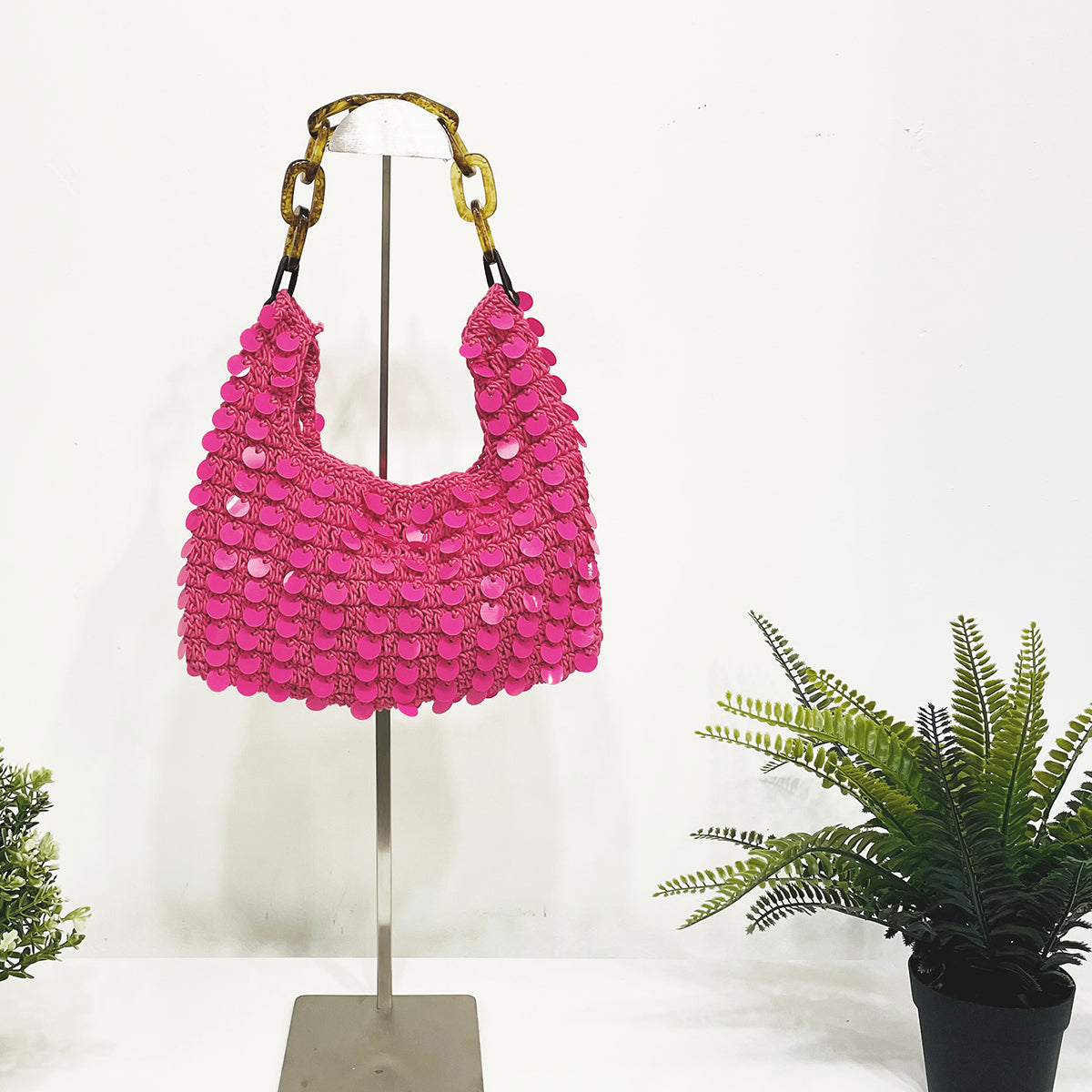 Mia Cotton Purse With Sequins and Chain Handle - Pink