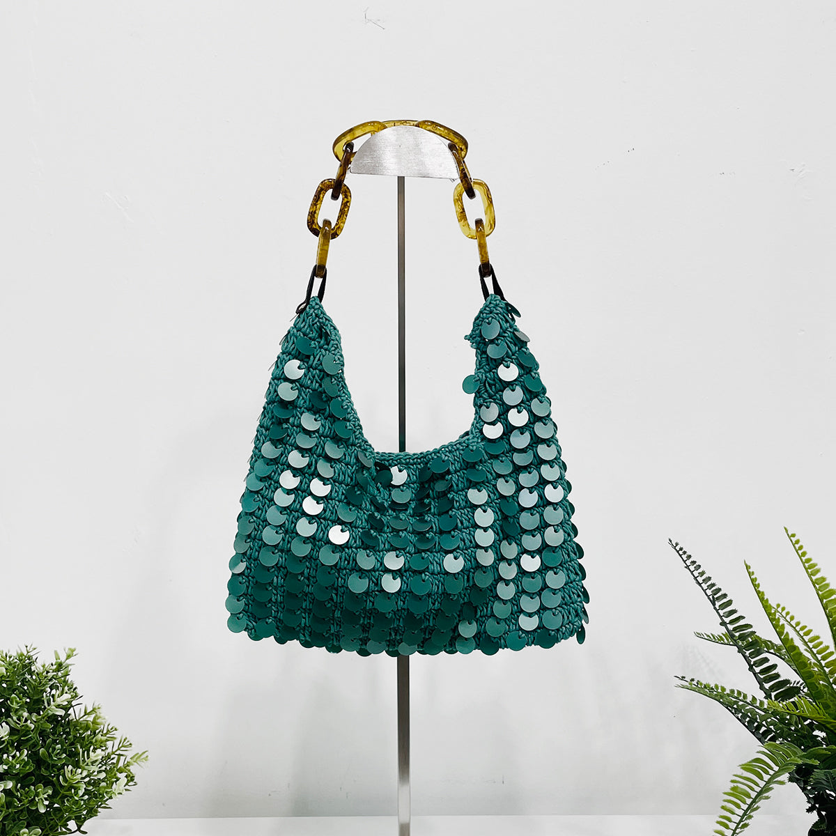 Mia Cotton Purse With Sequins and Chain Handle - Green