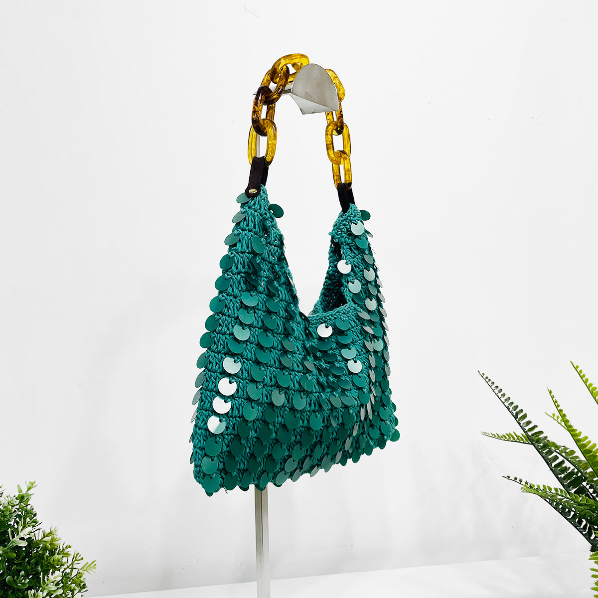 Mia Cotton Purse With Sequins and Chain Handle - Green