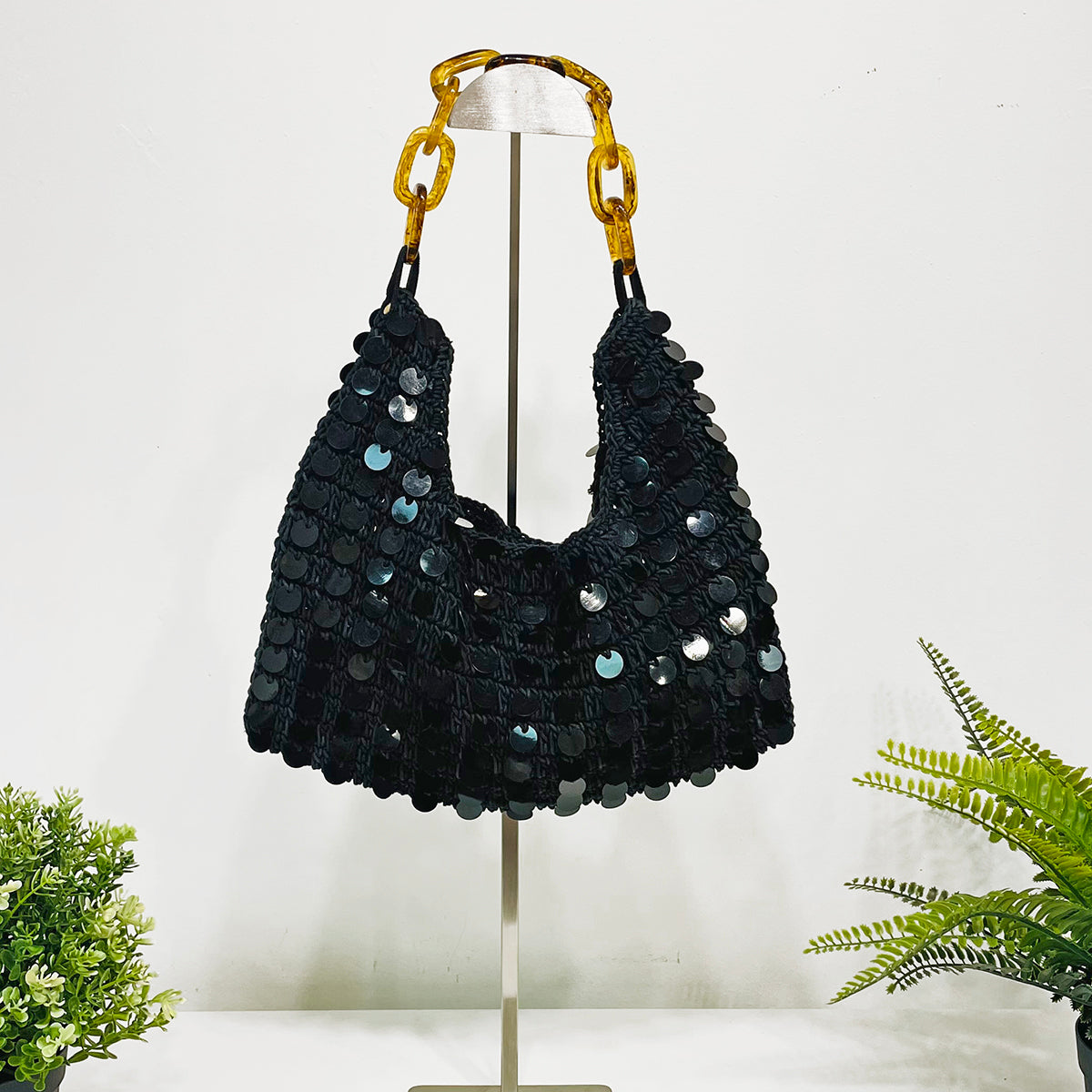 Mia Cotton Purse With Sequins and Chain Handle - Black