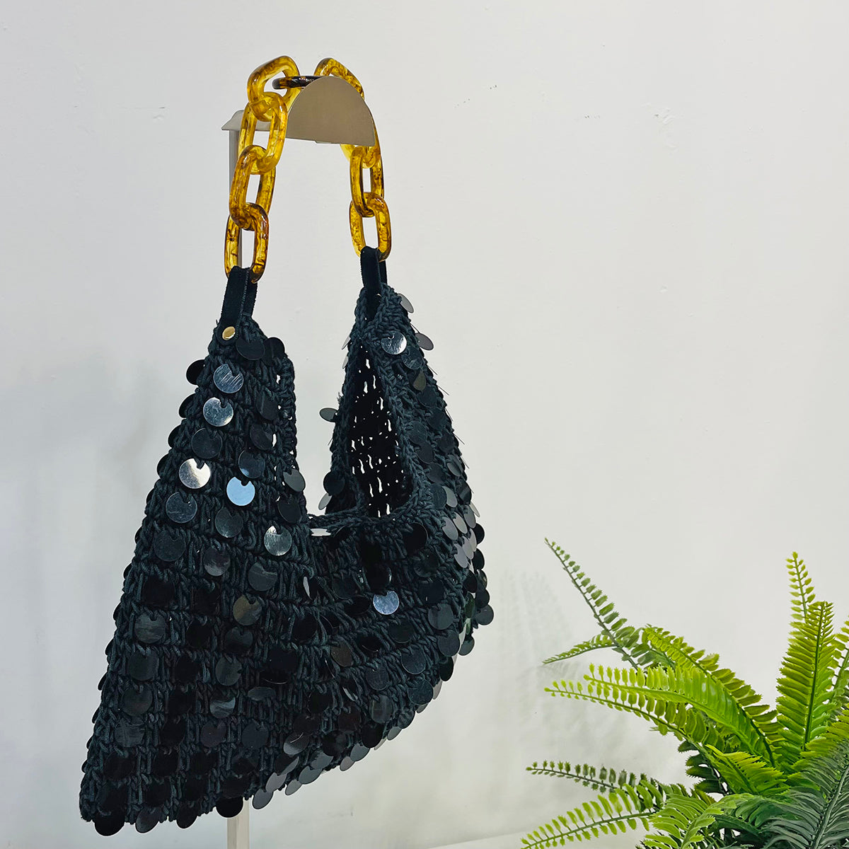 Mia Cotton Purse With Sequins and Chain Handle - Black