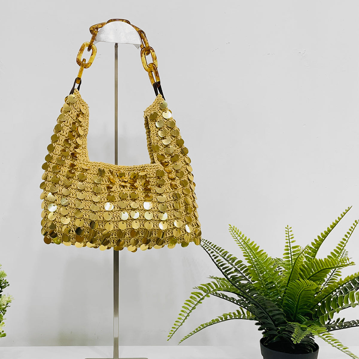 Mia Bag - Cotton Sequined Purse with Link Handle - Gold