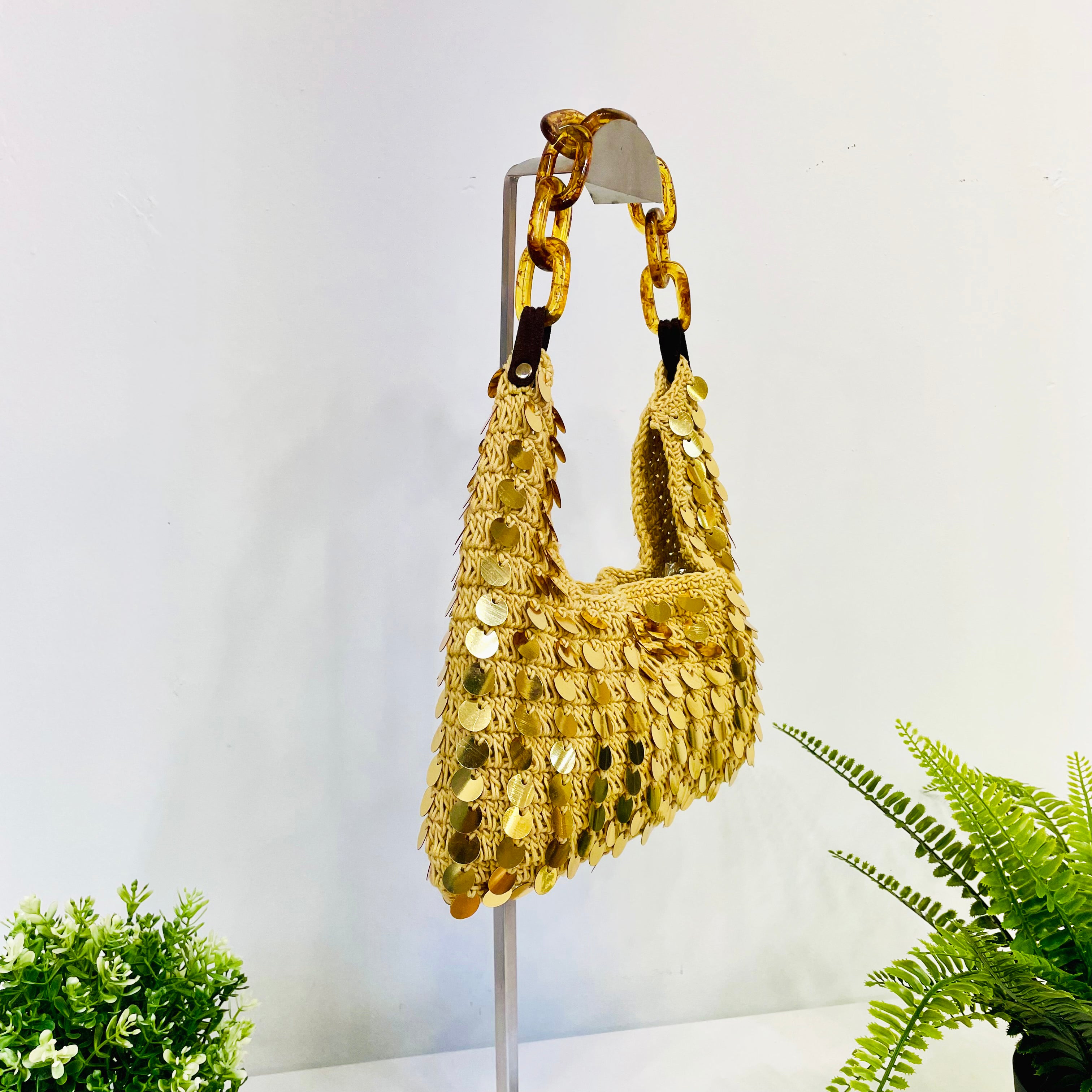 Mia Bag - Cotton Sequined Purse with Link Handle - Gold