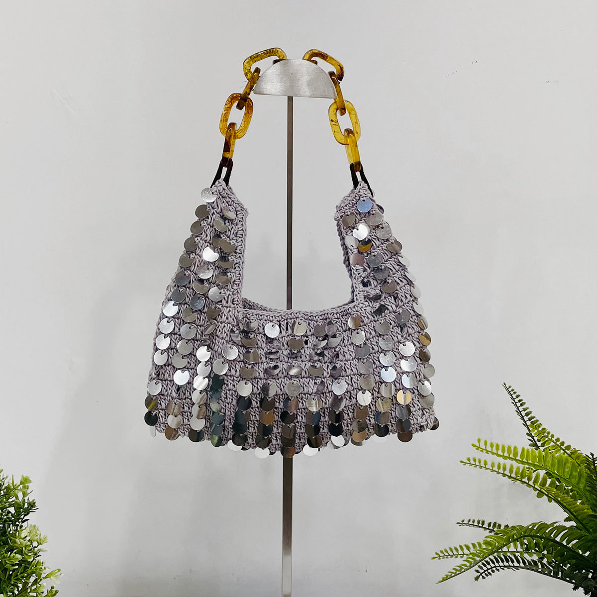 Mia Bag - Cotton Sequined Purse with Link Handle - Silver