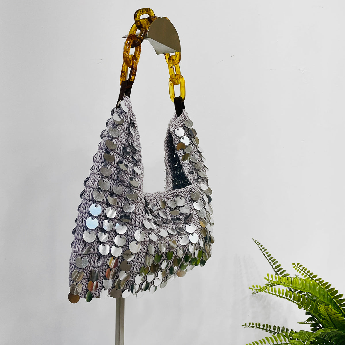 Mia Bag - Cotton Sequined Purse with Link Handle - Silver