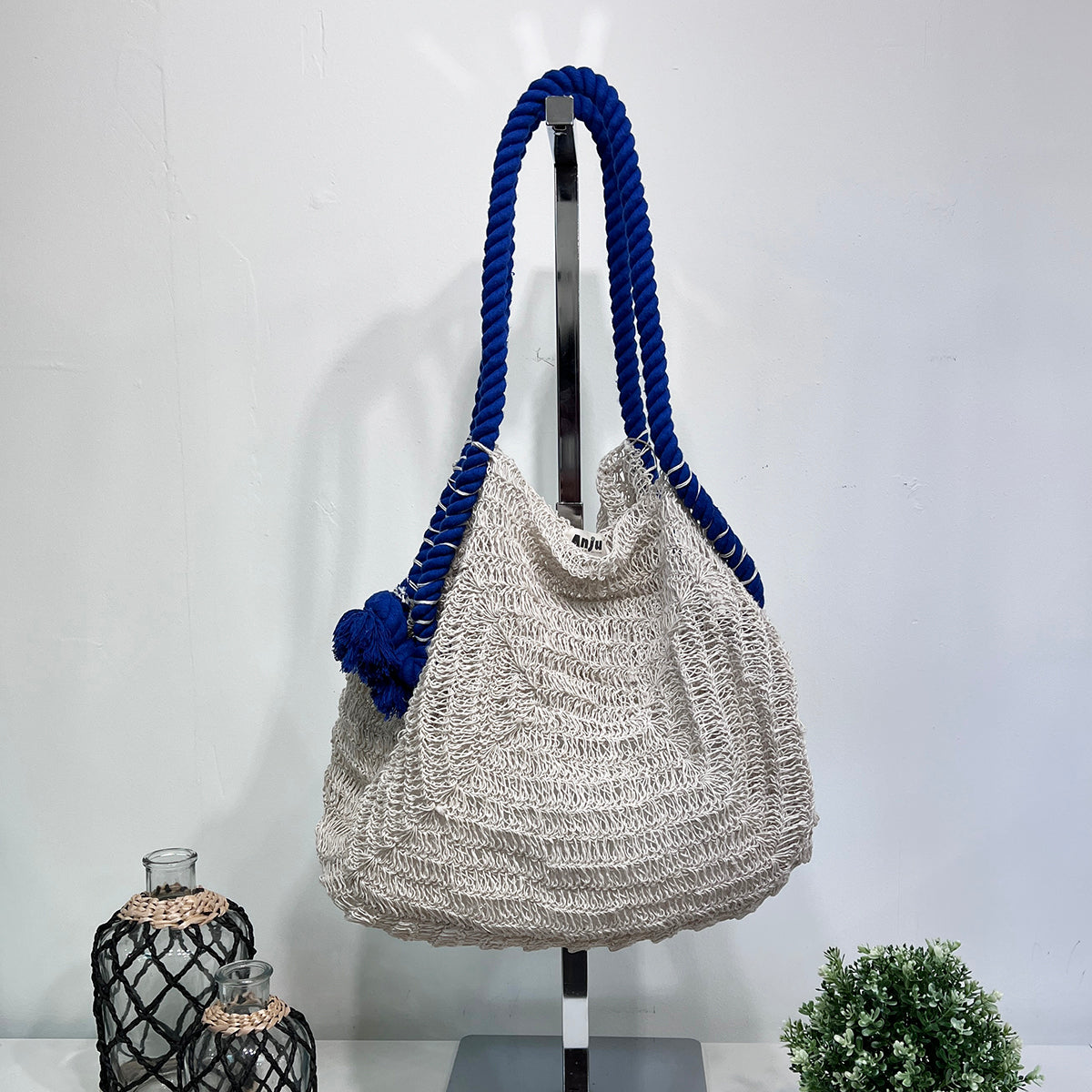 Amalfi Jute and Cotton Rope Bags - Natural with blue rope
