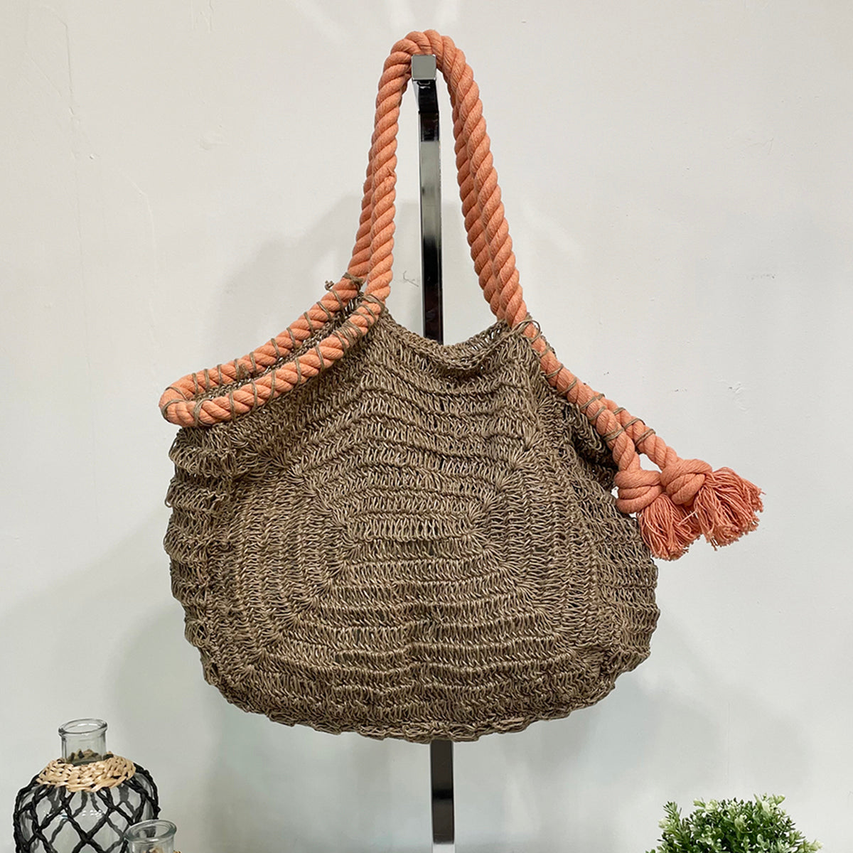 Amalfi Jute and Cotton Rope Bags - Beige with peach rope