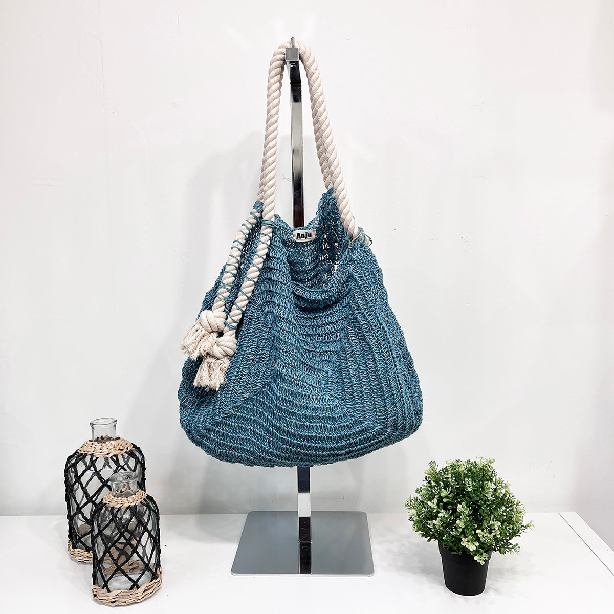 Amalfi Jute and Cotton Rope Bags - Blue with white rope