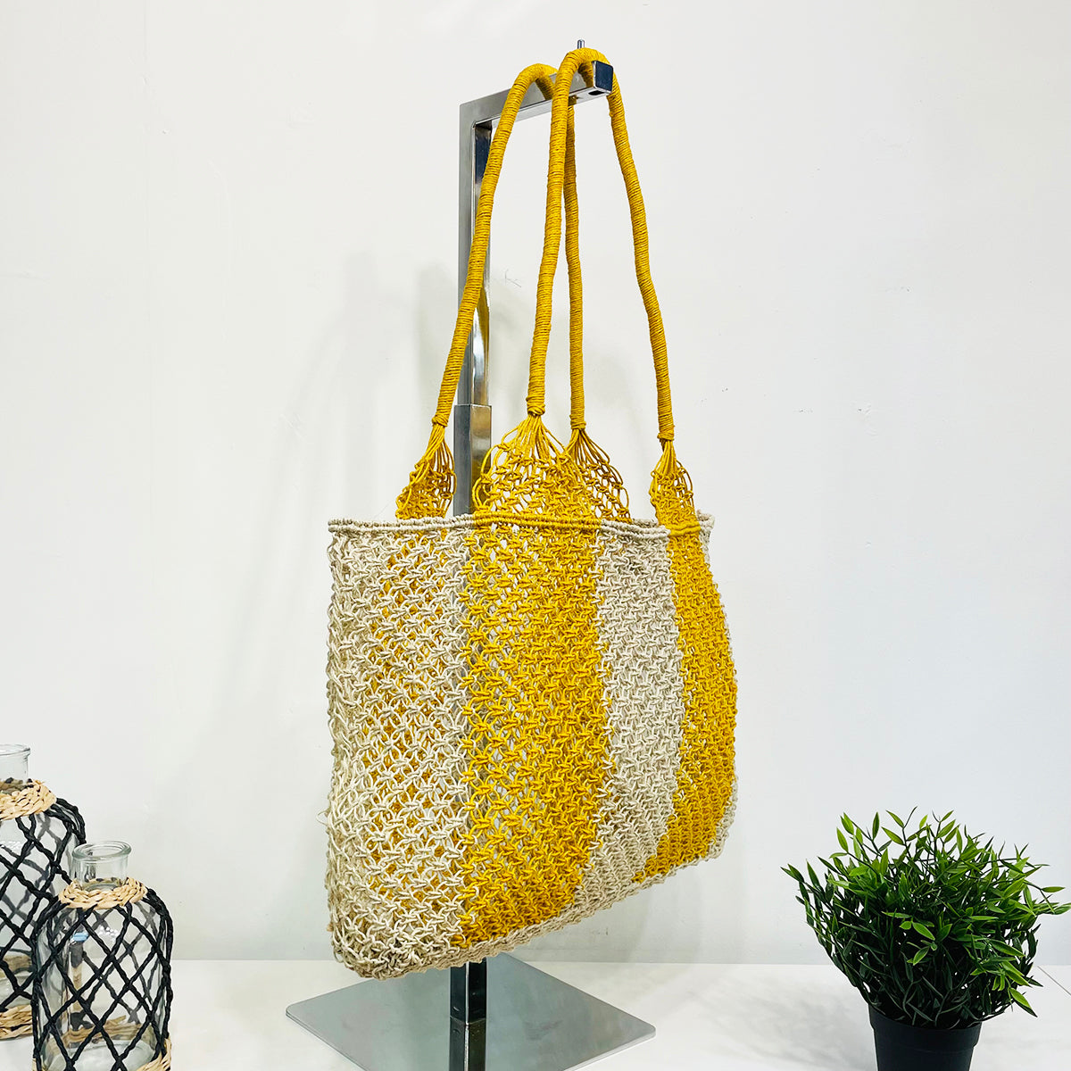 Ariel Woven Jute Striped Beach Bags - yellow