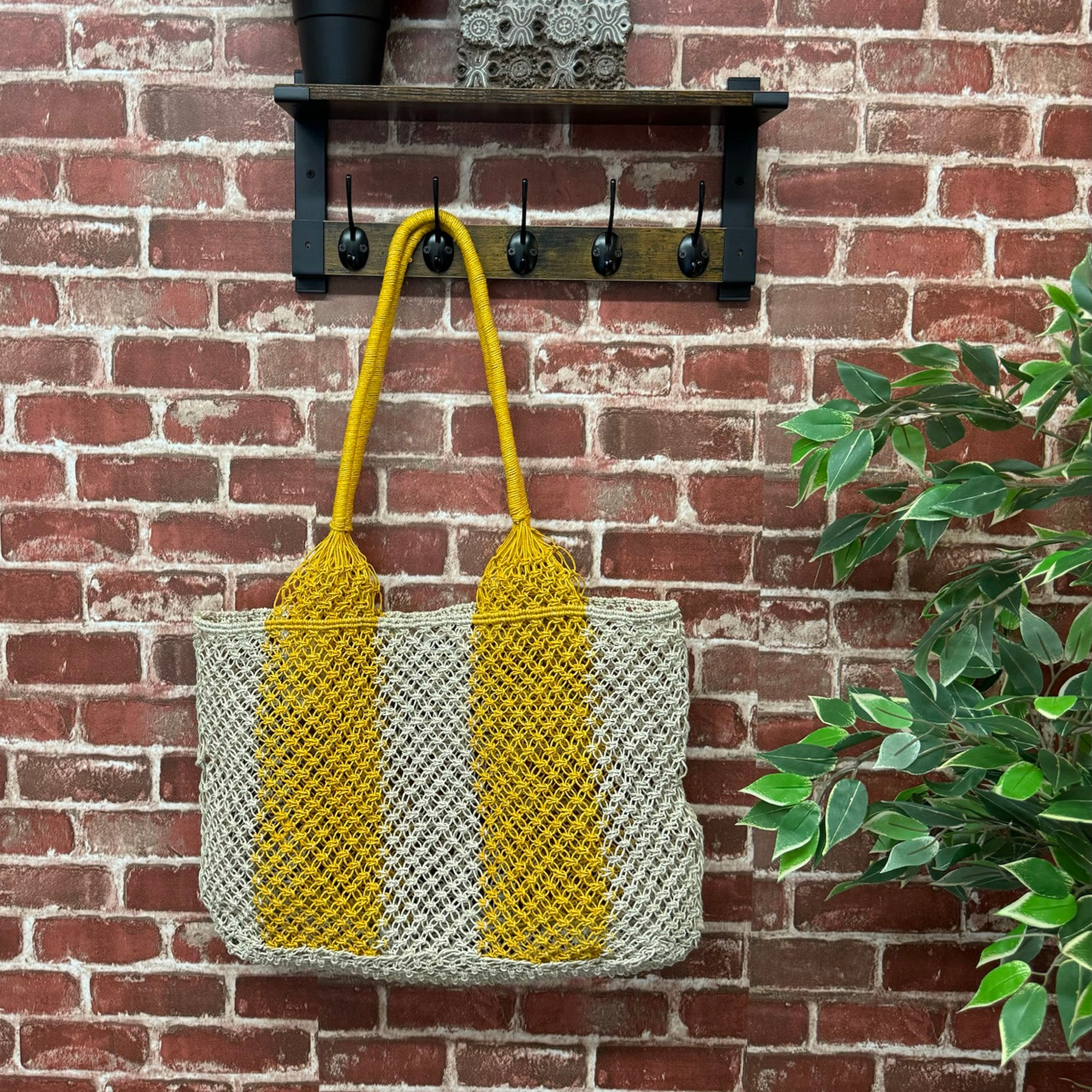 Ariel Woven Jute Striped Beach Bags - yellow