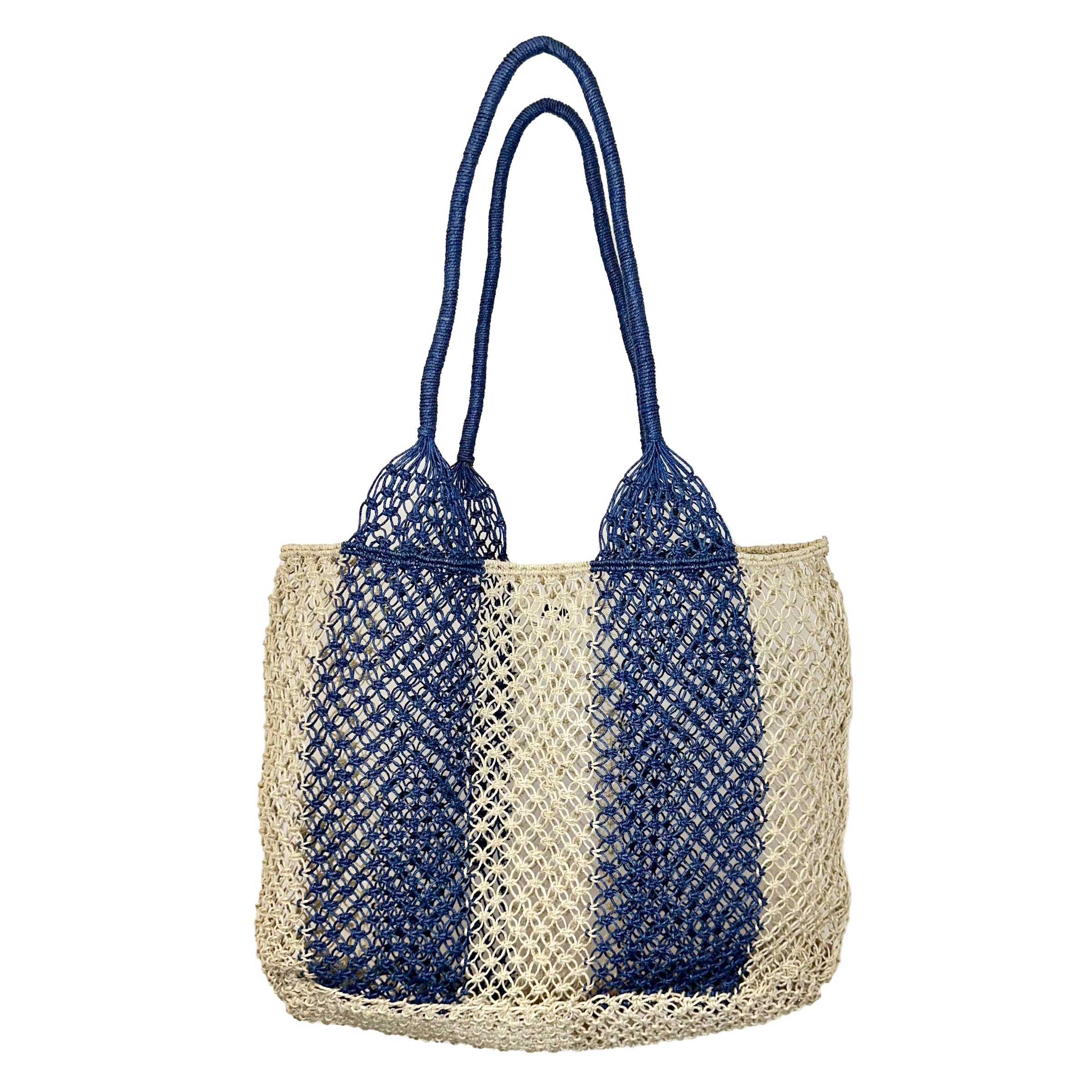 Ariel Woven Jute Striped Beach Bags - Navy