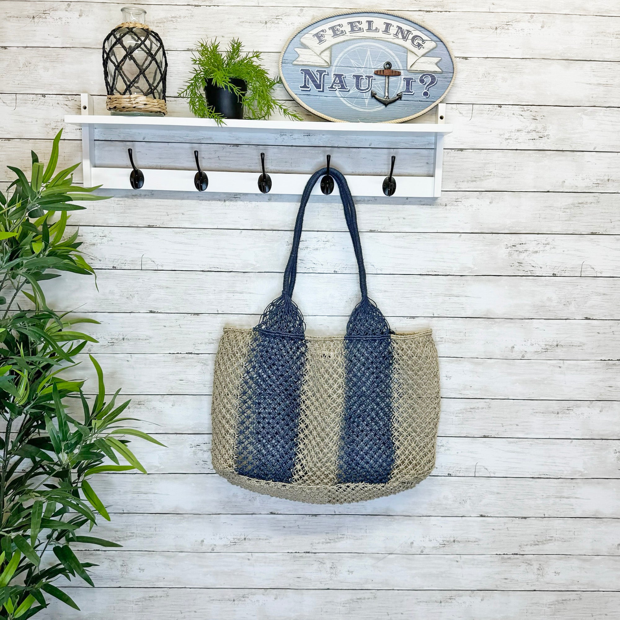 Ariel Woven Jute Striped Beach Bags - Navy