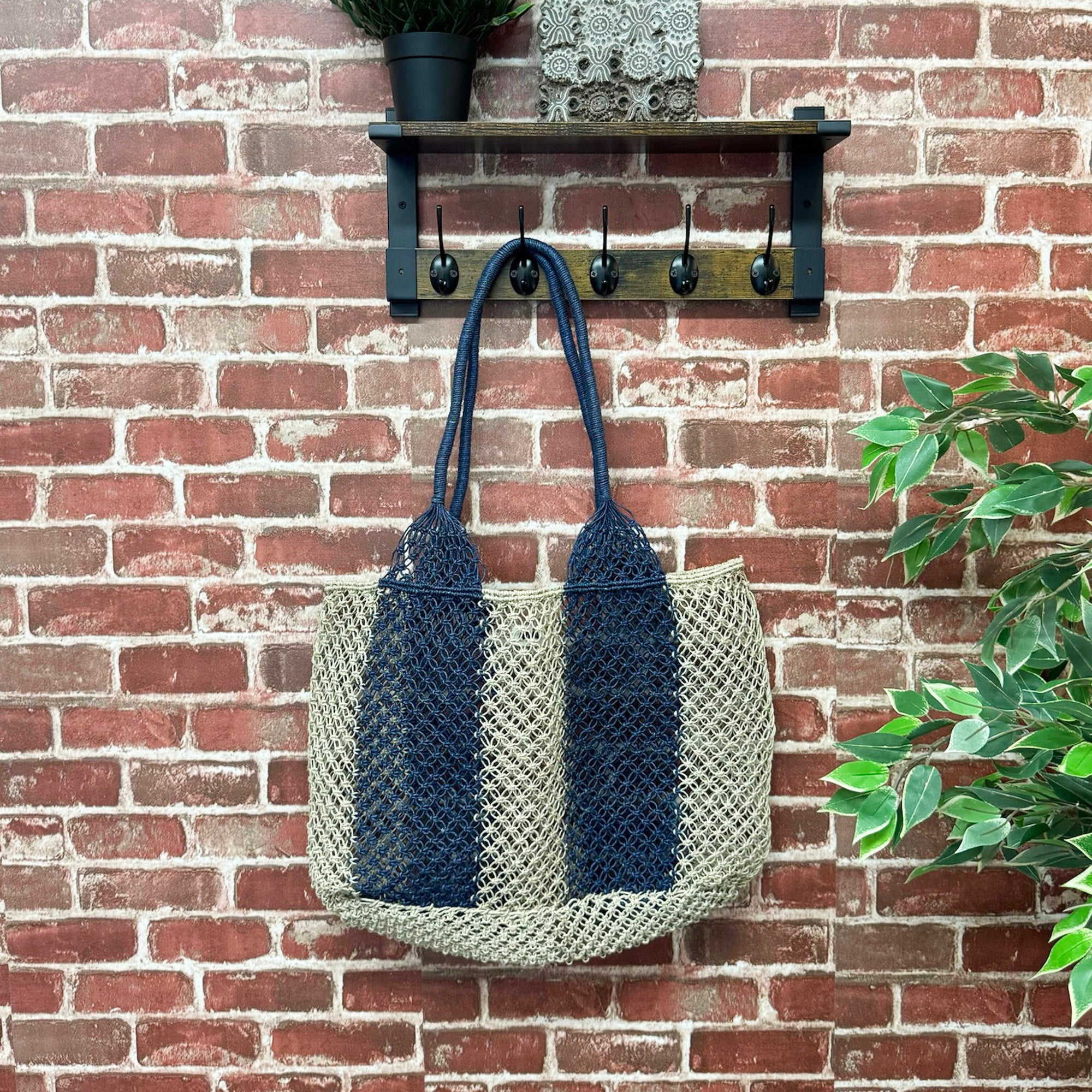 Ariel Woven Jute Striped Beach Bags - Navy