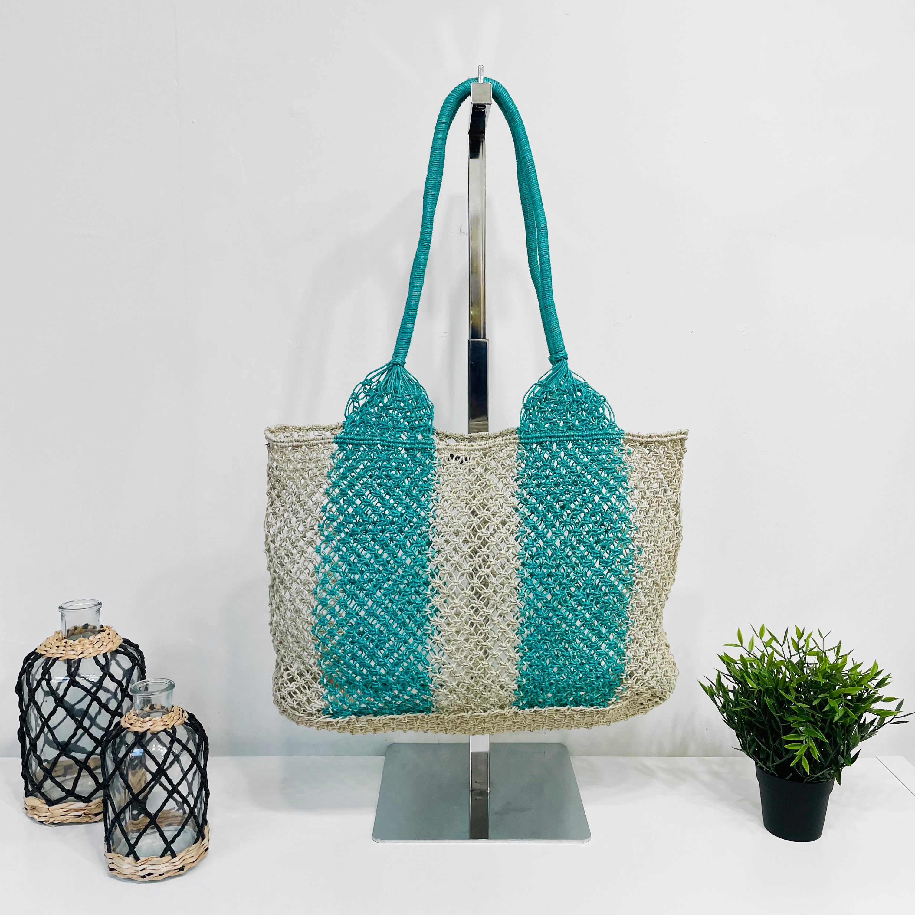Ariel Woven Jute Striped Beach Bags - Green