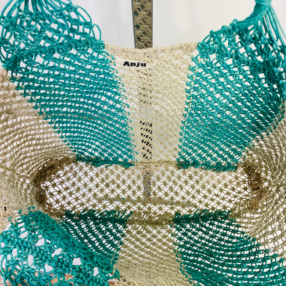 Ariel Woven Jute Striped Beach Bags - Green