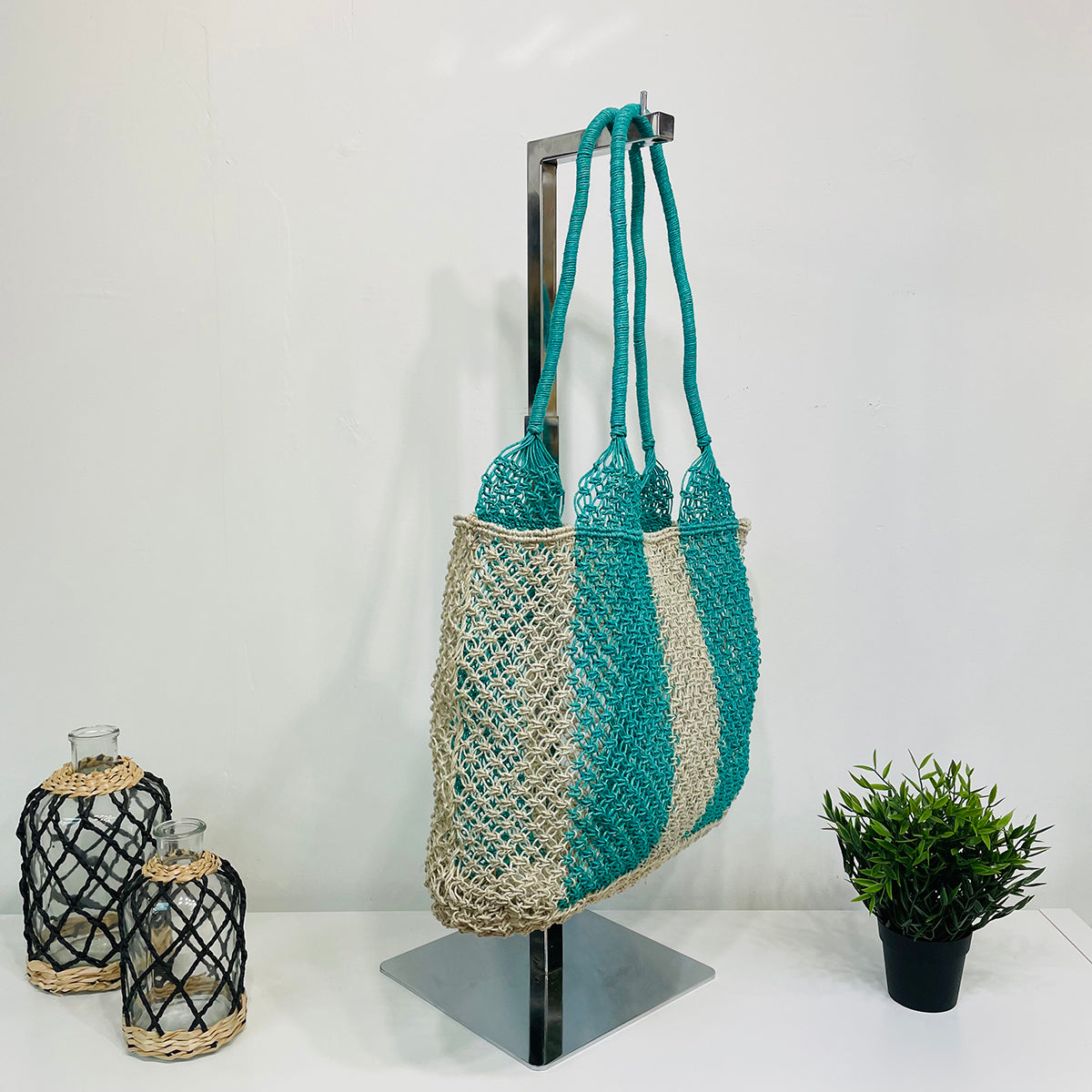Ariel Woven Jute Striped Beach Bags - Green
