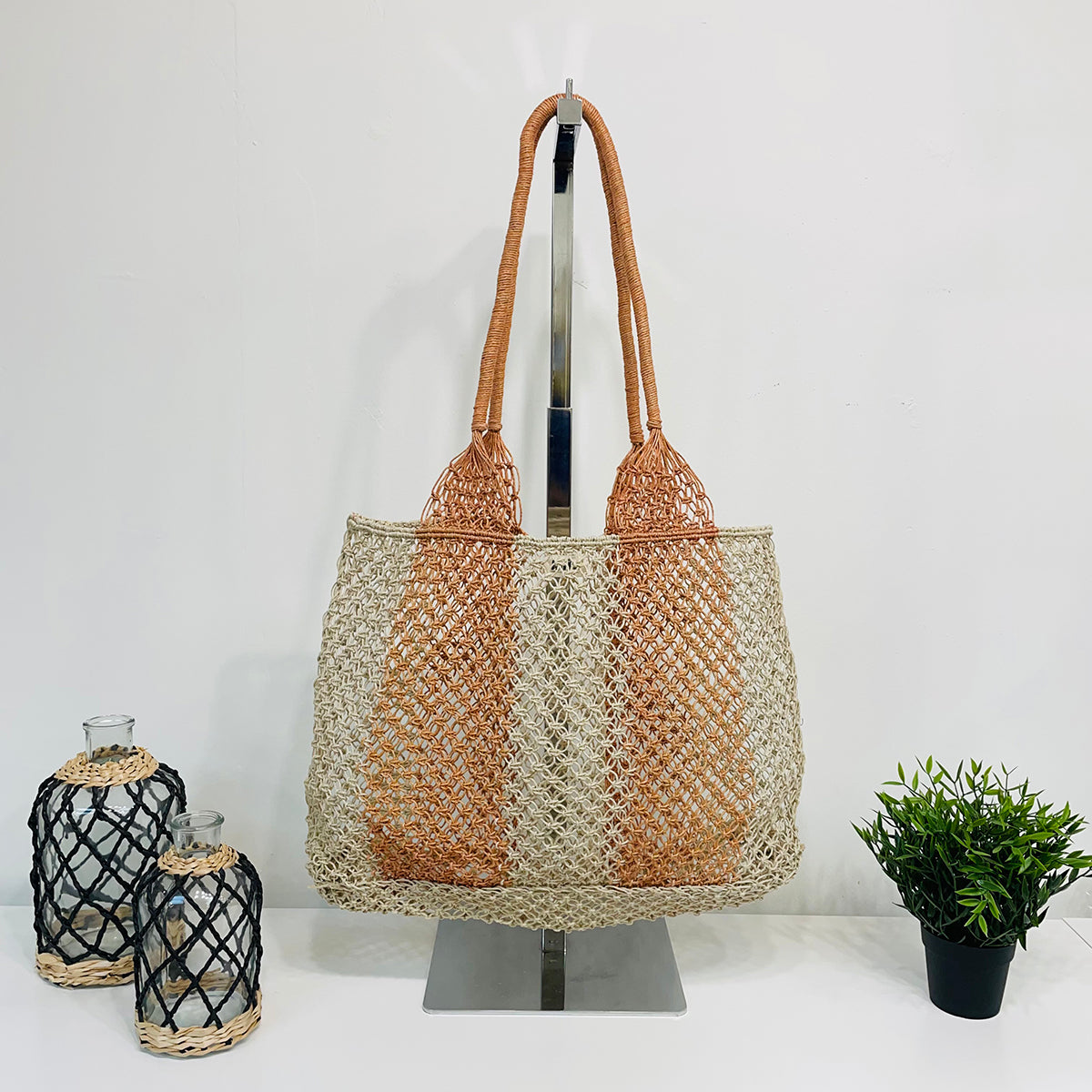Ariel Woven Jute Striped Beach Bags - Coral