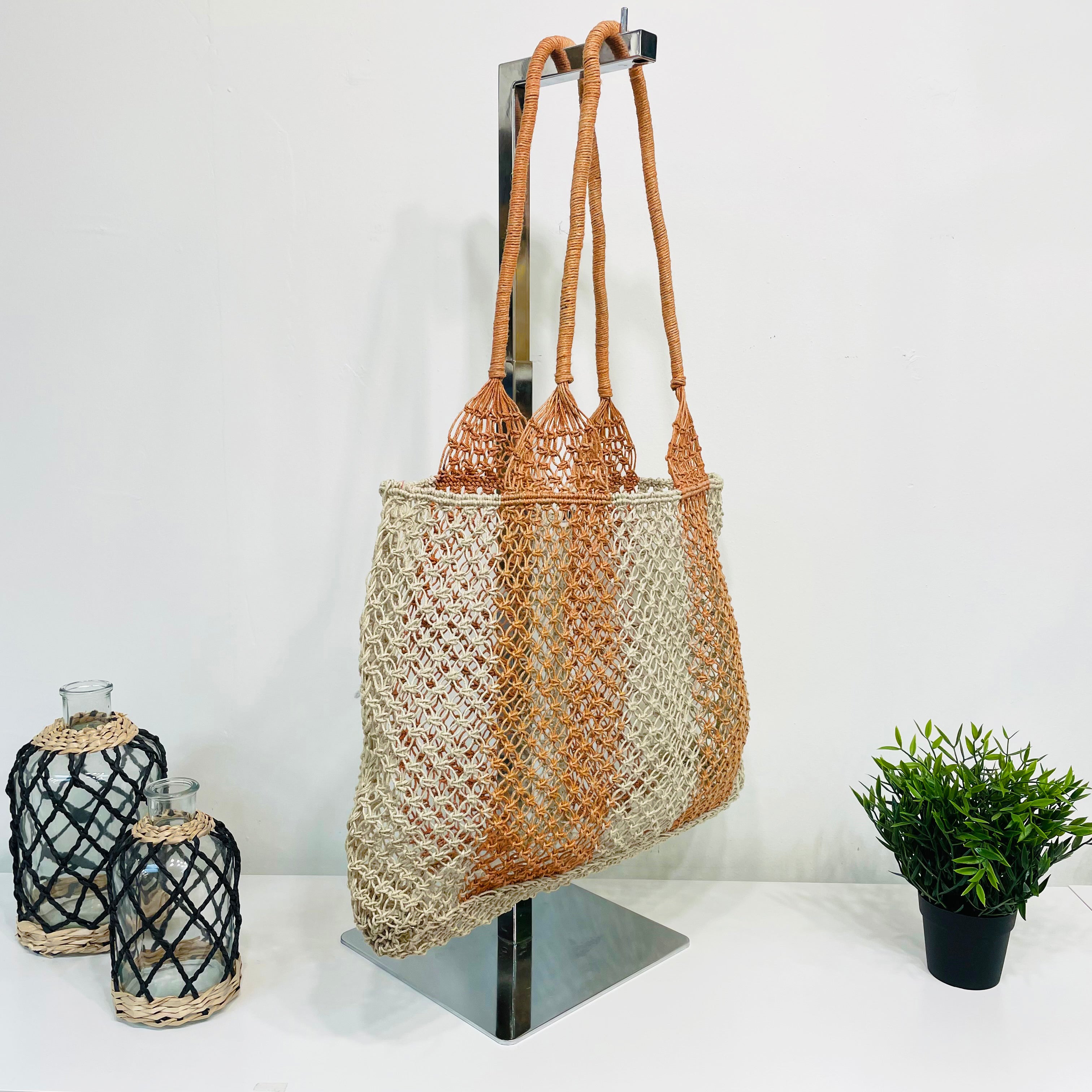 Ariel Woven Jute Striped Beach Bags - Coral