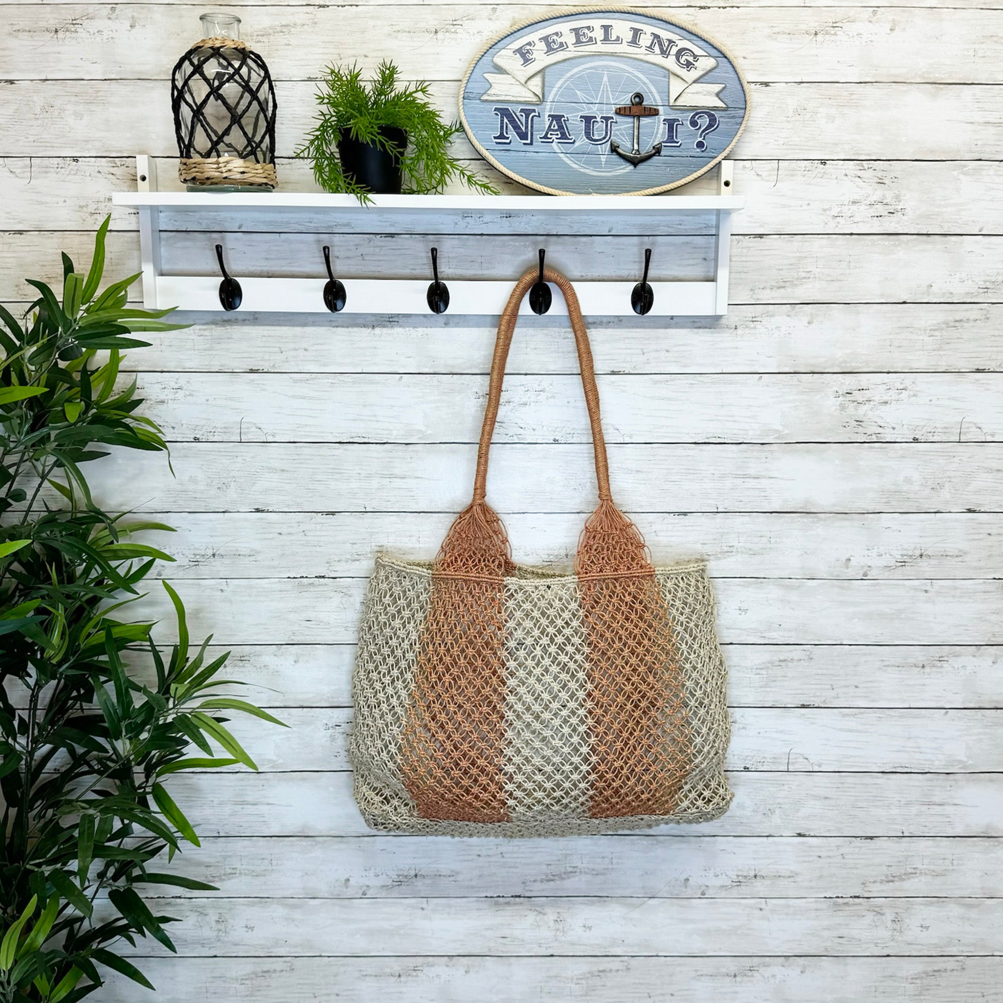 Ariel Woven Jute Striped Beach Bags - Coral
