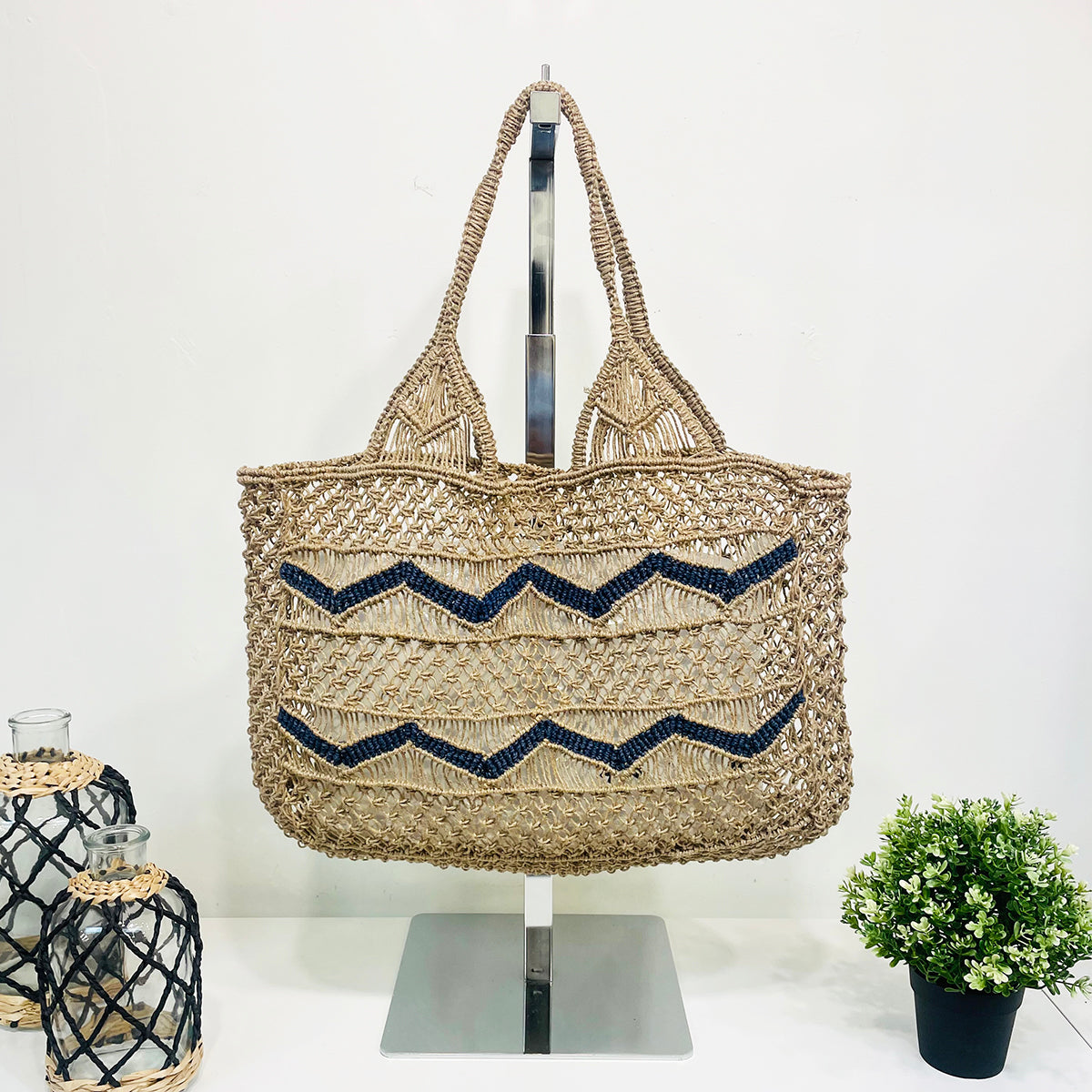 Leona Chevron Woven Jute Beach Bags - Blue