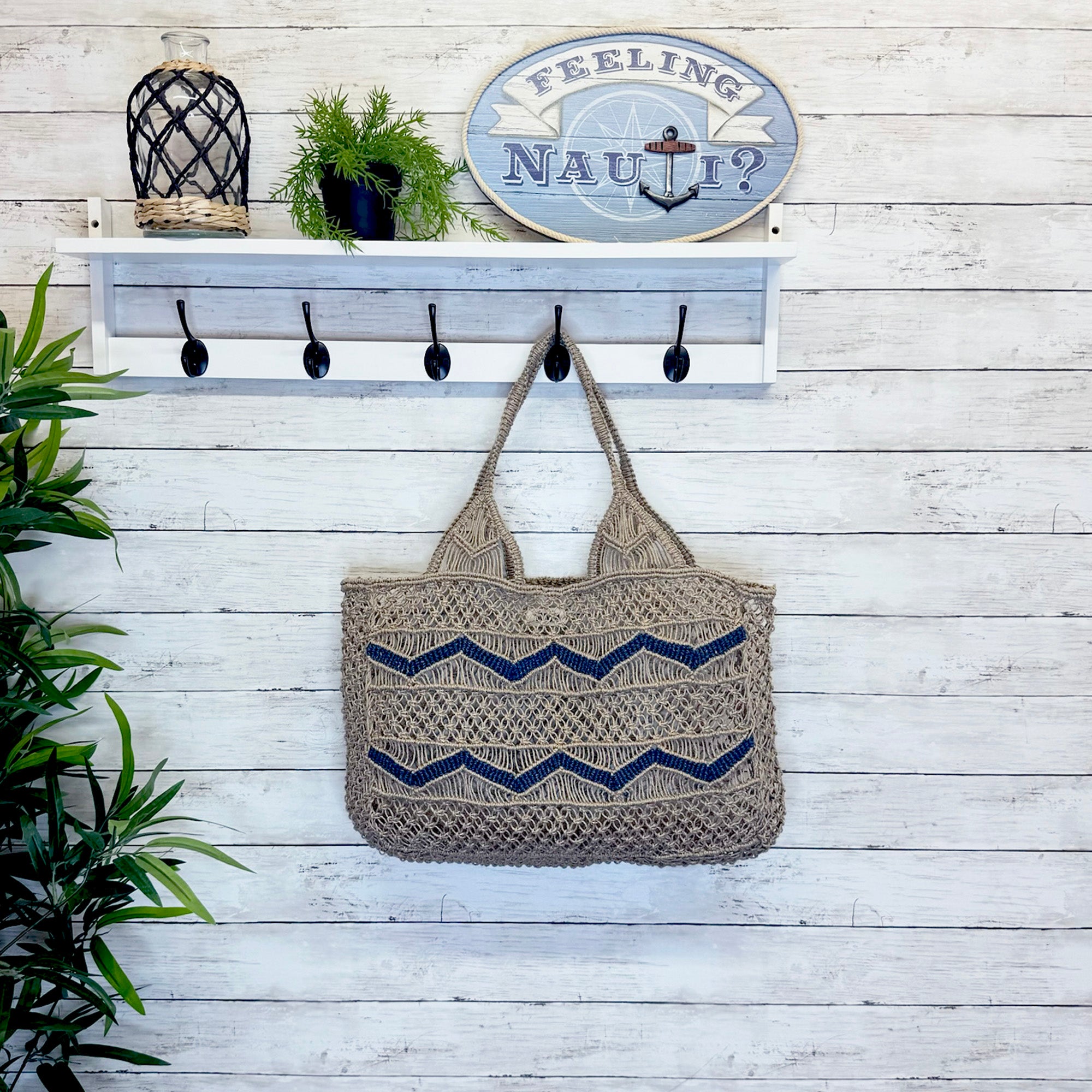 Leona Chevron Woven Jute Beach Bags - Blue