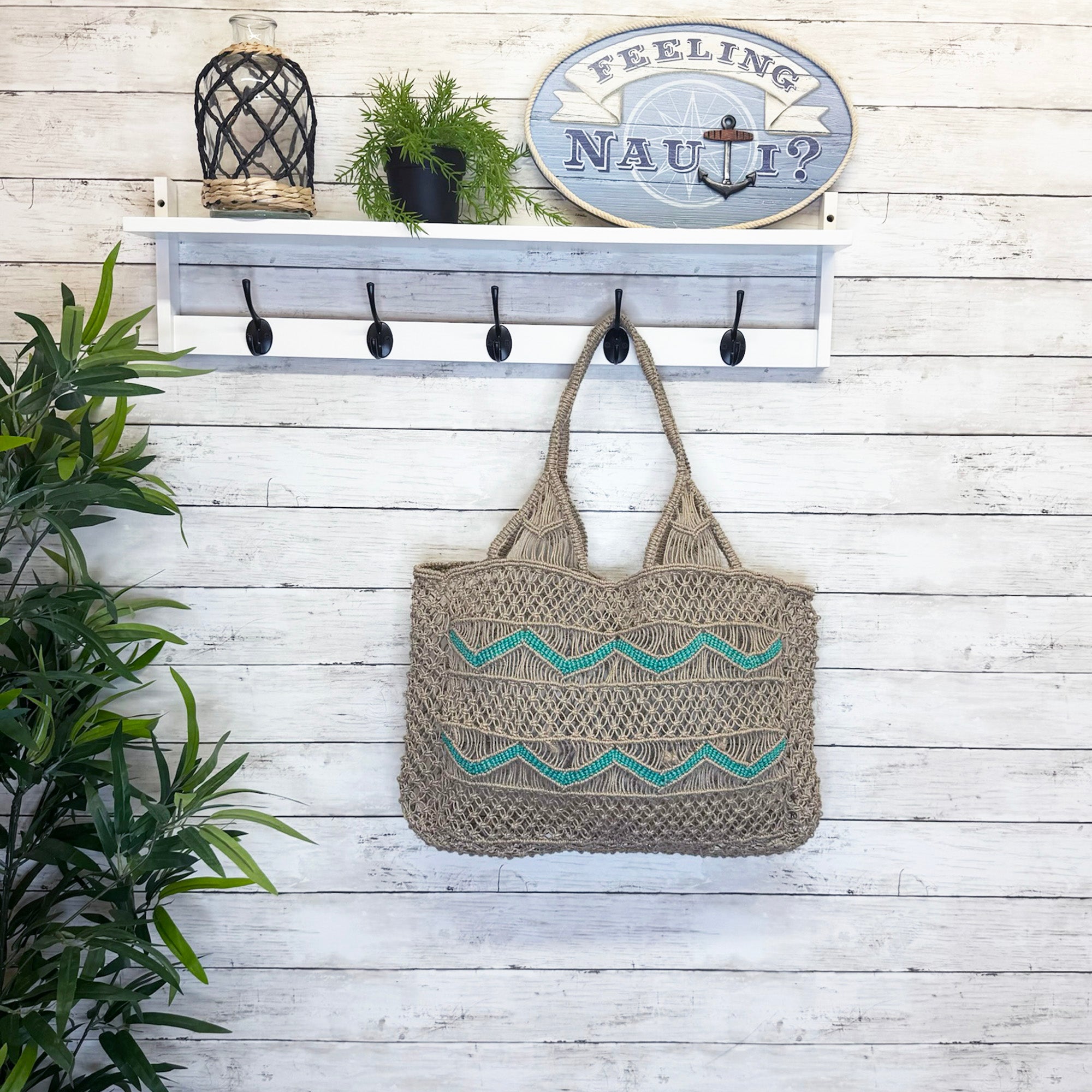 Leona Chevron Woven Jute Beach Bags - Turquoise