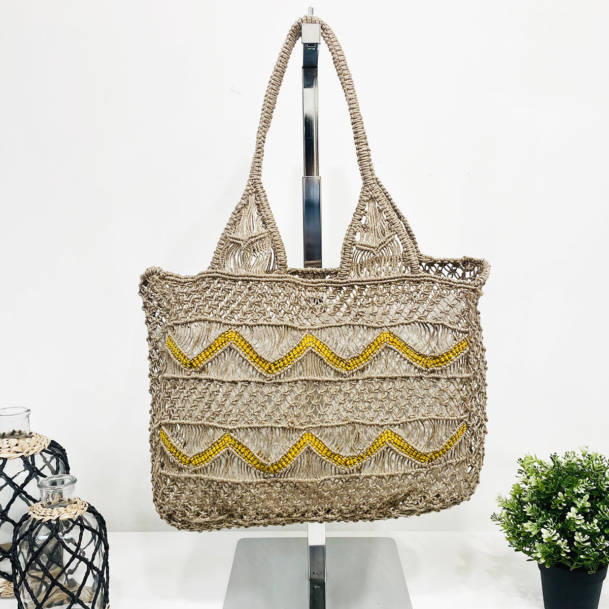 Leona Chevron Woven Jute Beach Bags. Yellow