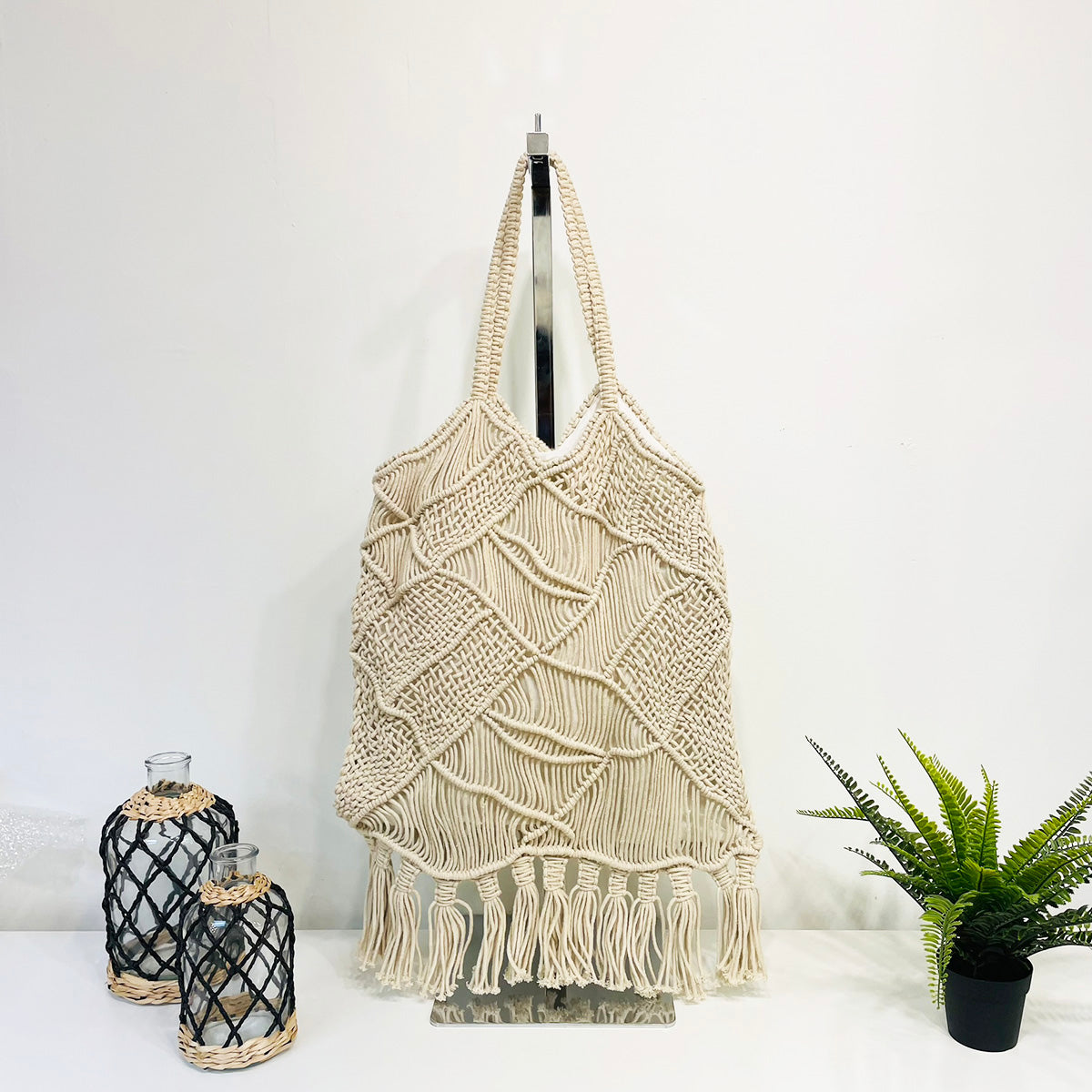 Adira Woven Cotton Macrame Large Fringe Bags - Ivory
