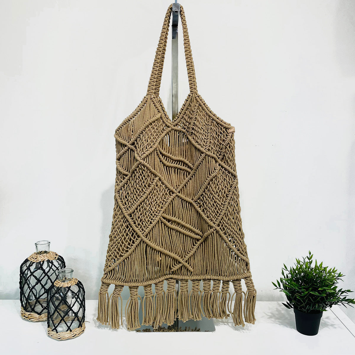 Adira Woven Cotton Macrame Large Fringe Bags - Beige