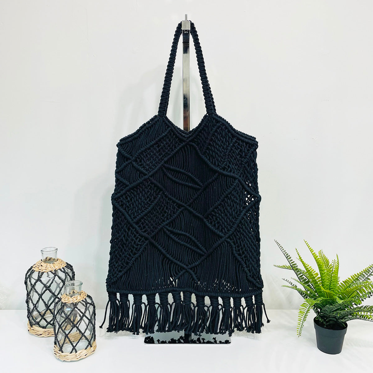 Adira Woven Cotton Macrame Large Fringe Bags - Black