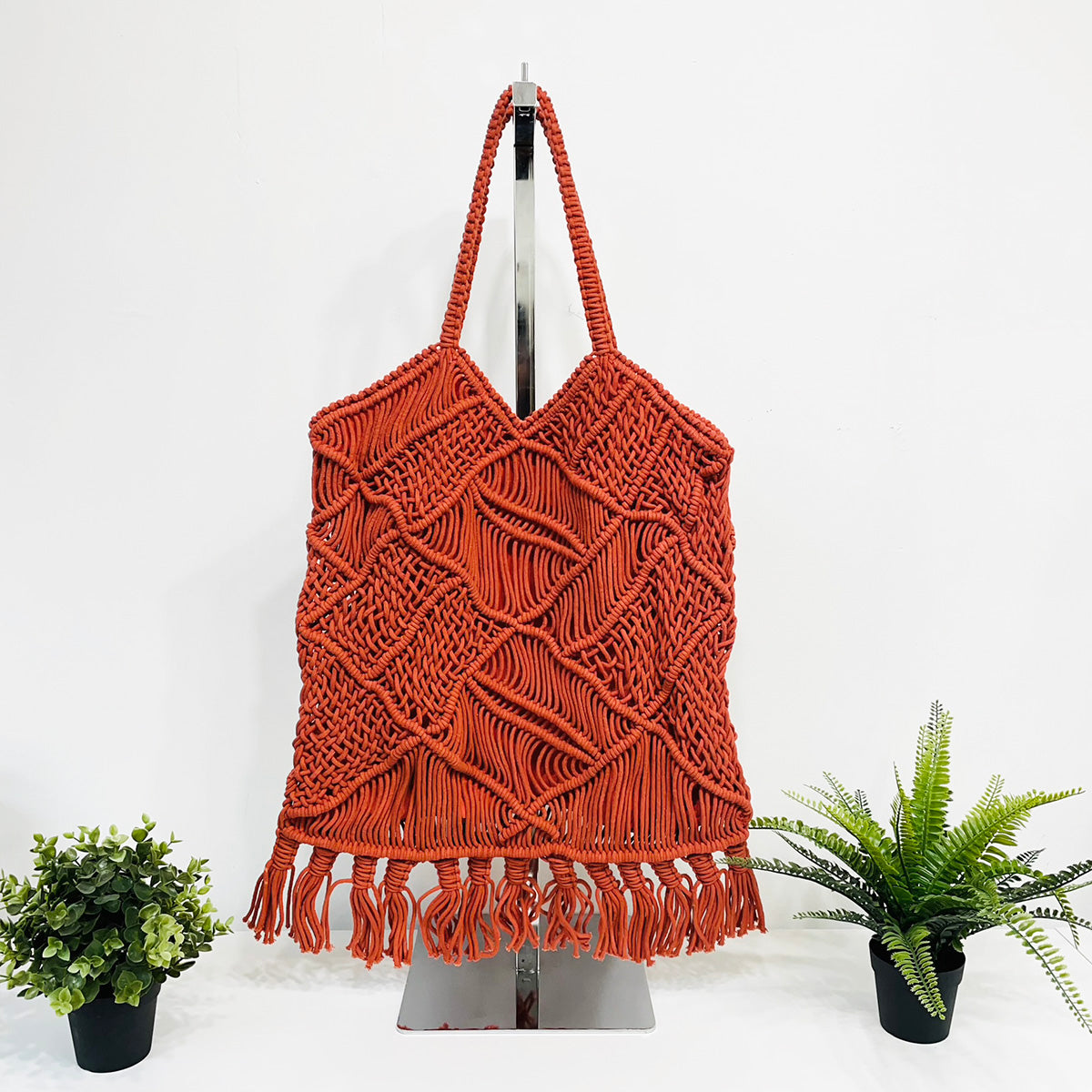 Adira Woven Cotton Macrame Large Fringe Bags - Rust
