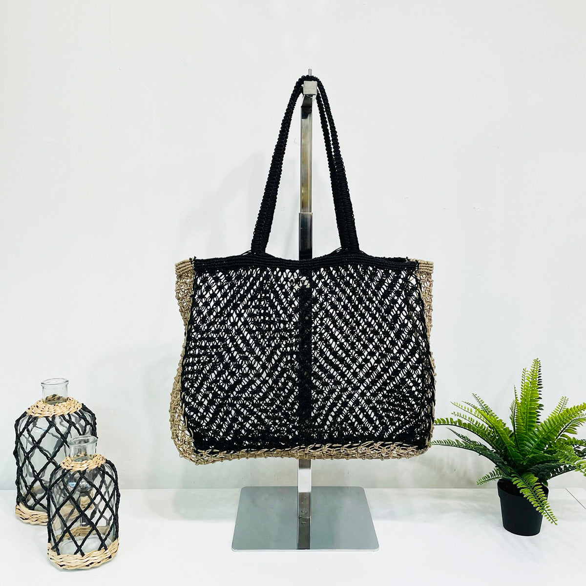 Kai Solid Color handcrafted Beach Bags made with jute - Black