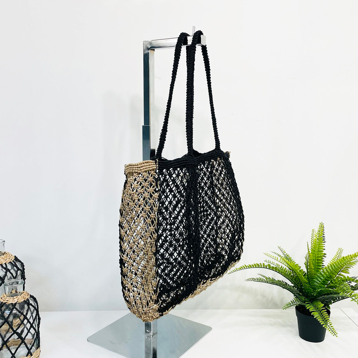 Kai Solid Color handcrafted Beach Bags made with jute - Black