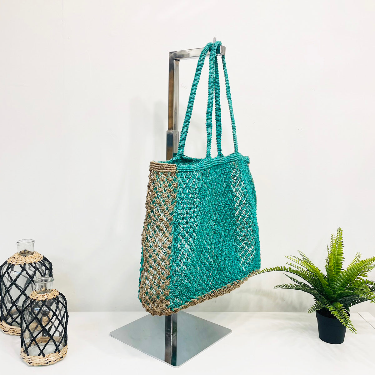 Kai Solid Color handcrafted Beach Bags made with jute - Green