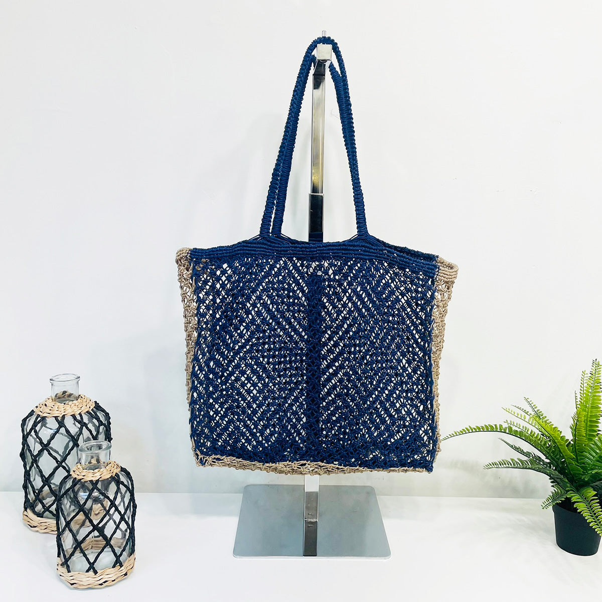 Kai Solid Color handcrafted Beach Bags made with jute - Blue