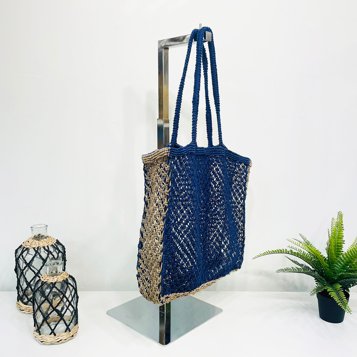 Kai Solid Color handcrafted Beach Bags made with jute - Blue