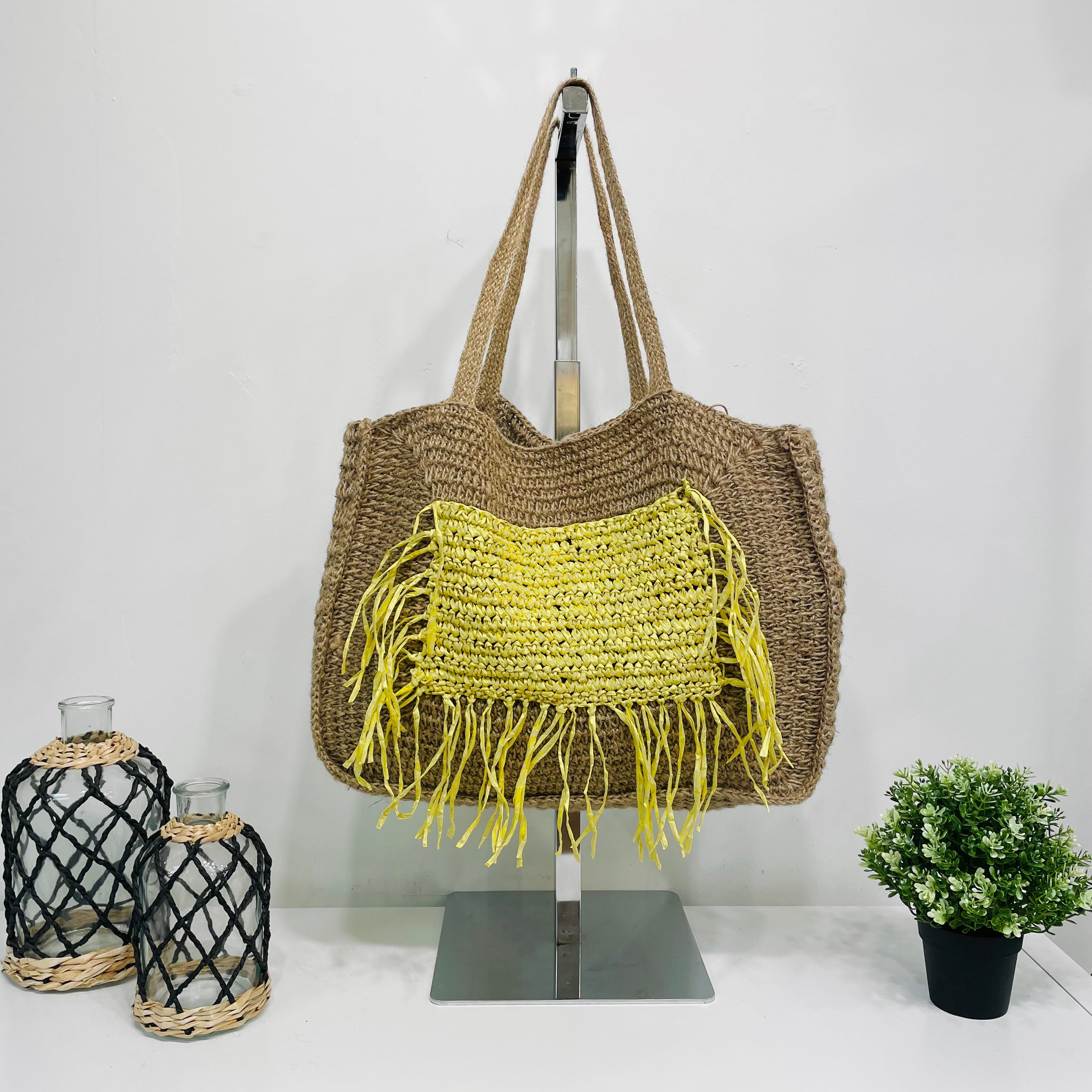 Lana Woven Jute Bag with Color Raffia Pocket - Yellow