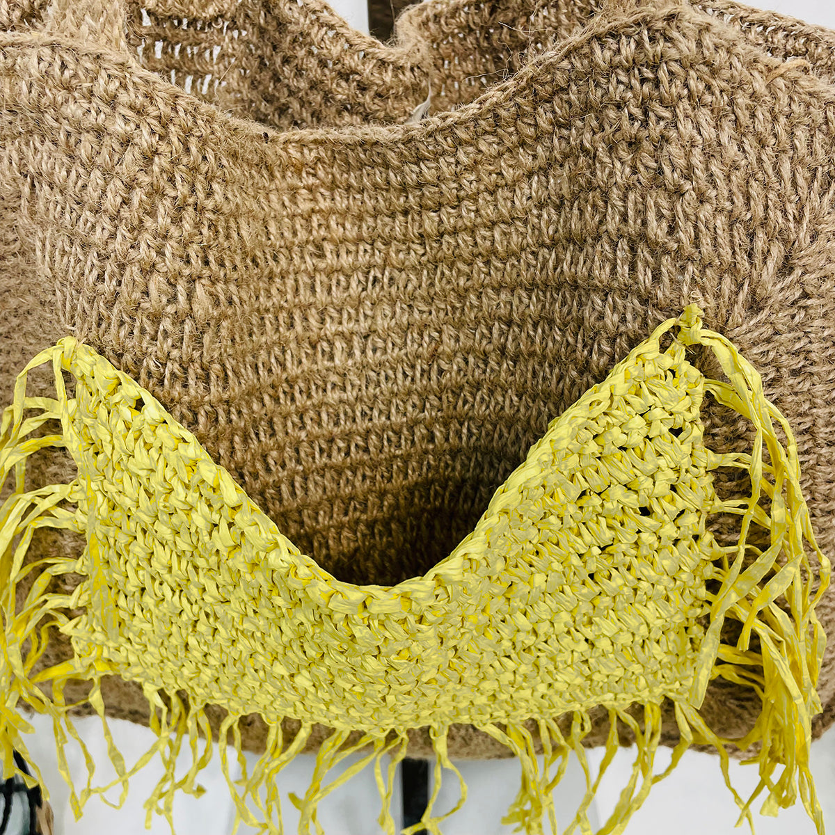 Lana Woven Jute Bag with Color Raffia Pocket - Yellow