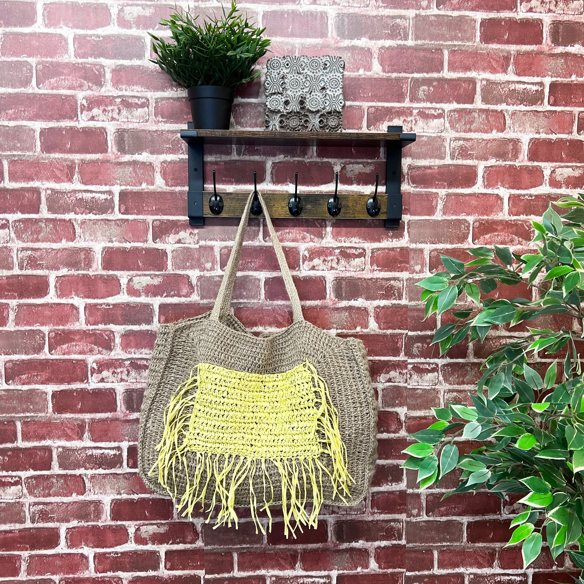 Lana Woven Jute Bag with Color Raffia Pocket - Yellow