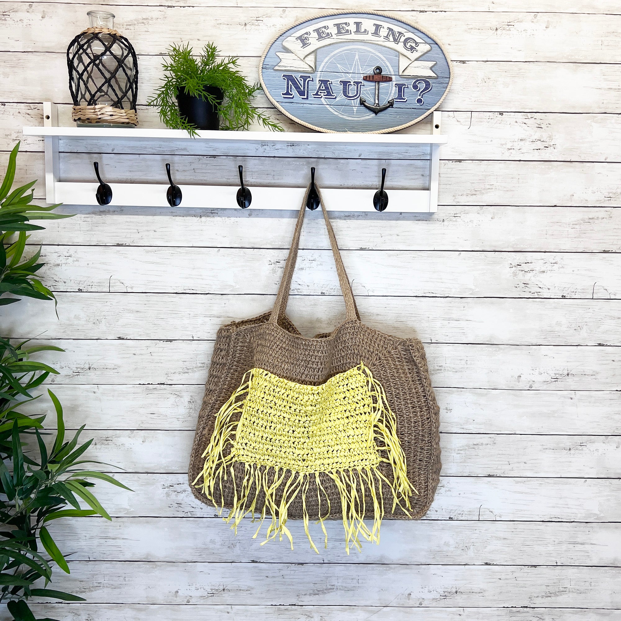 Lana Woven Jute Bag with Color Raffia Pocket - Yellow
