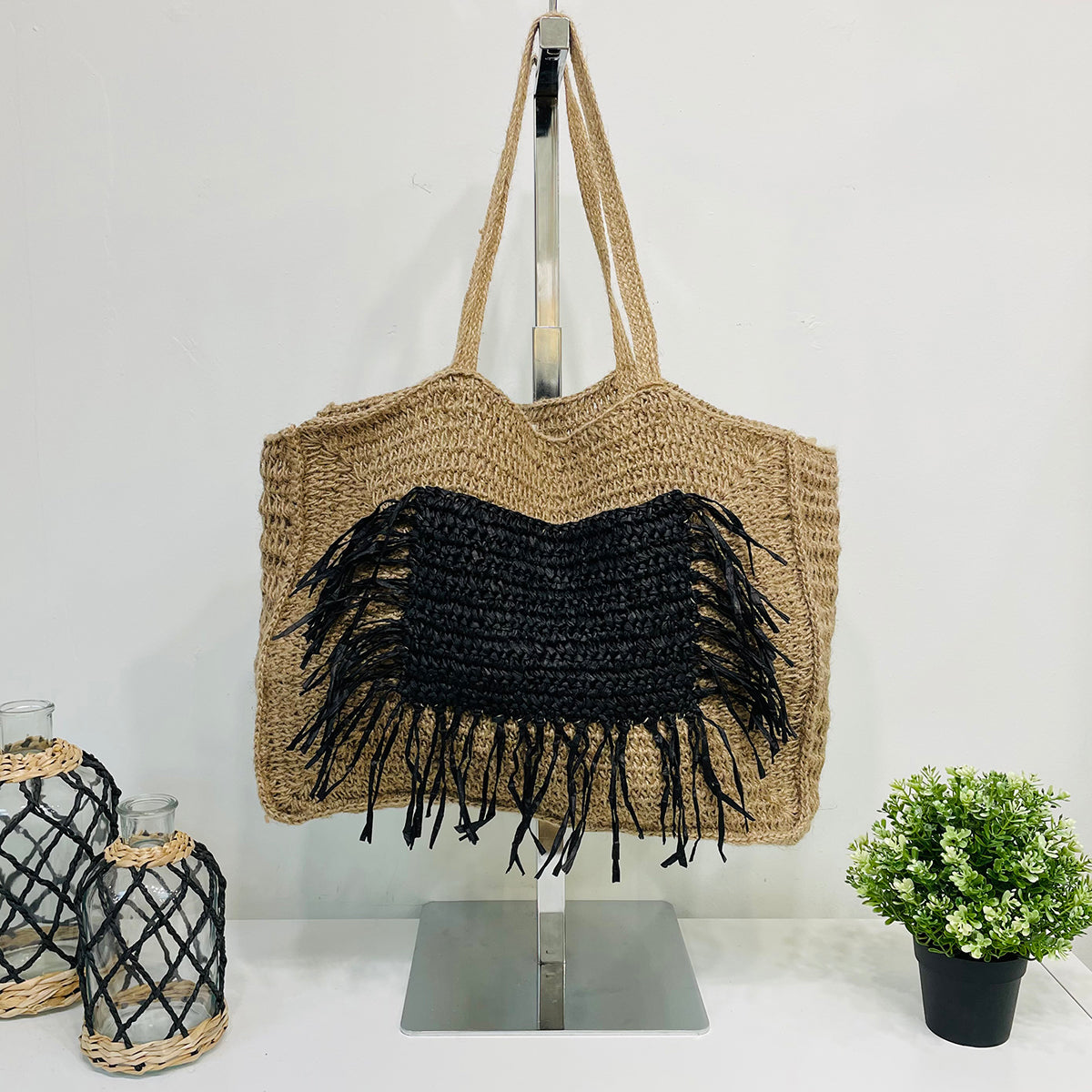 Lana Woven Jute Bag with Color Raffia Pocket- Black